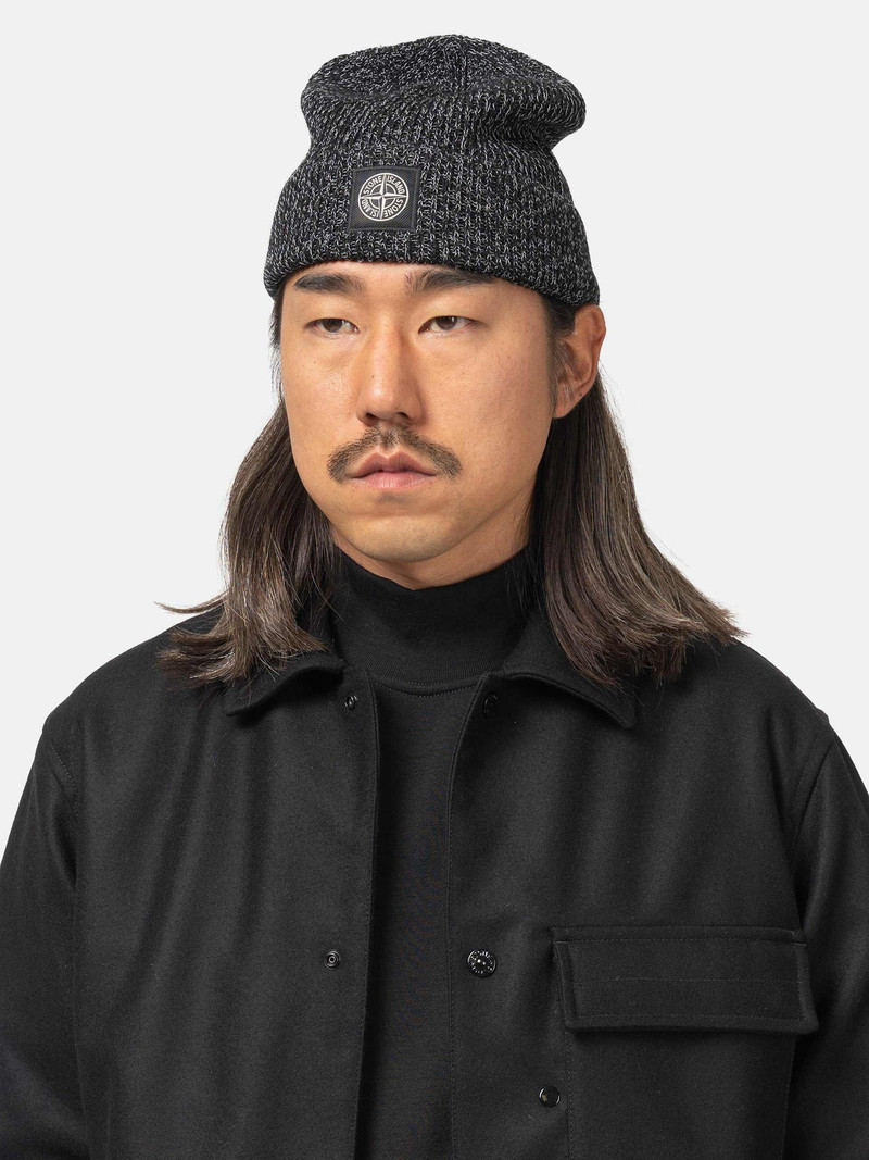 Stone Island Reflective Knit Compass Patch Beanie Black Melange outlook