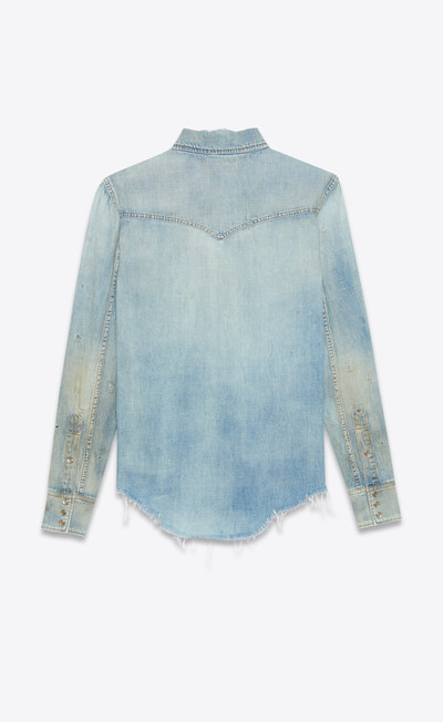 SAINT LAURENT destroyed classic western shirt in dirty vintage blue denim outlook