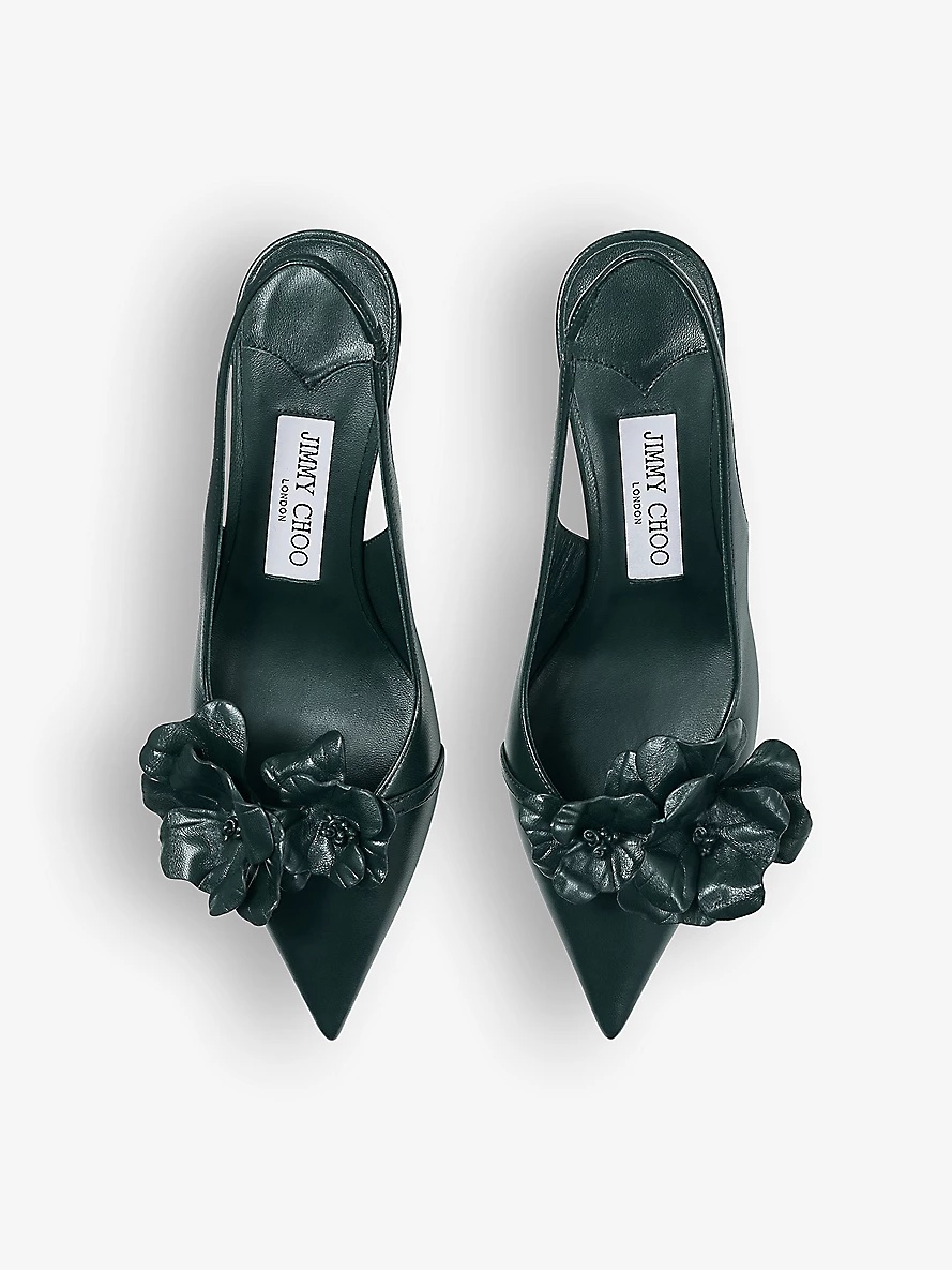 Amita flower-embellished leather heeled slingback courts - 2