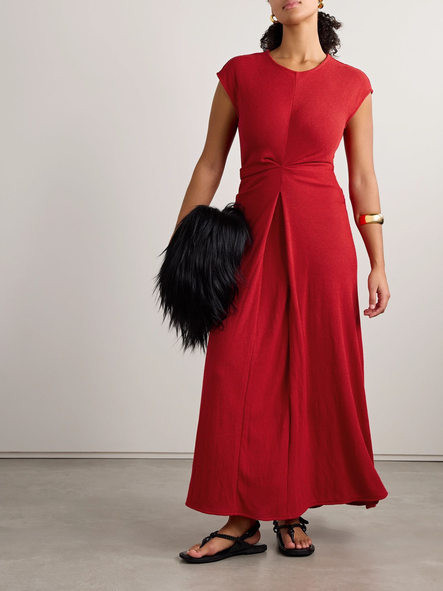 Gathered ribbed-knit maxi dress Red - 2