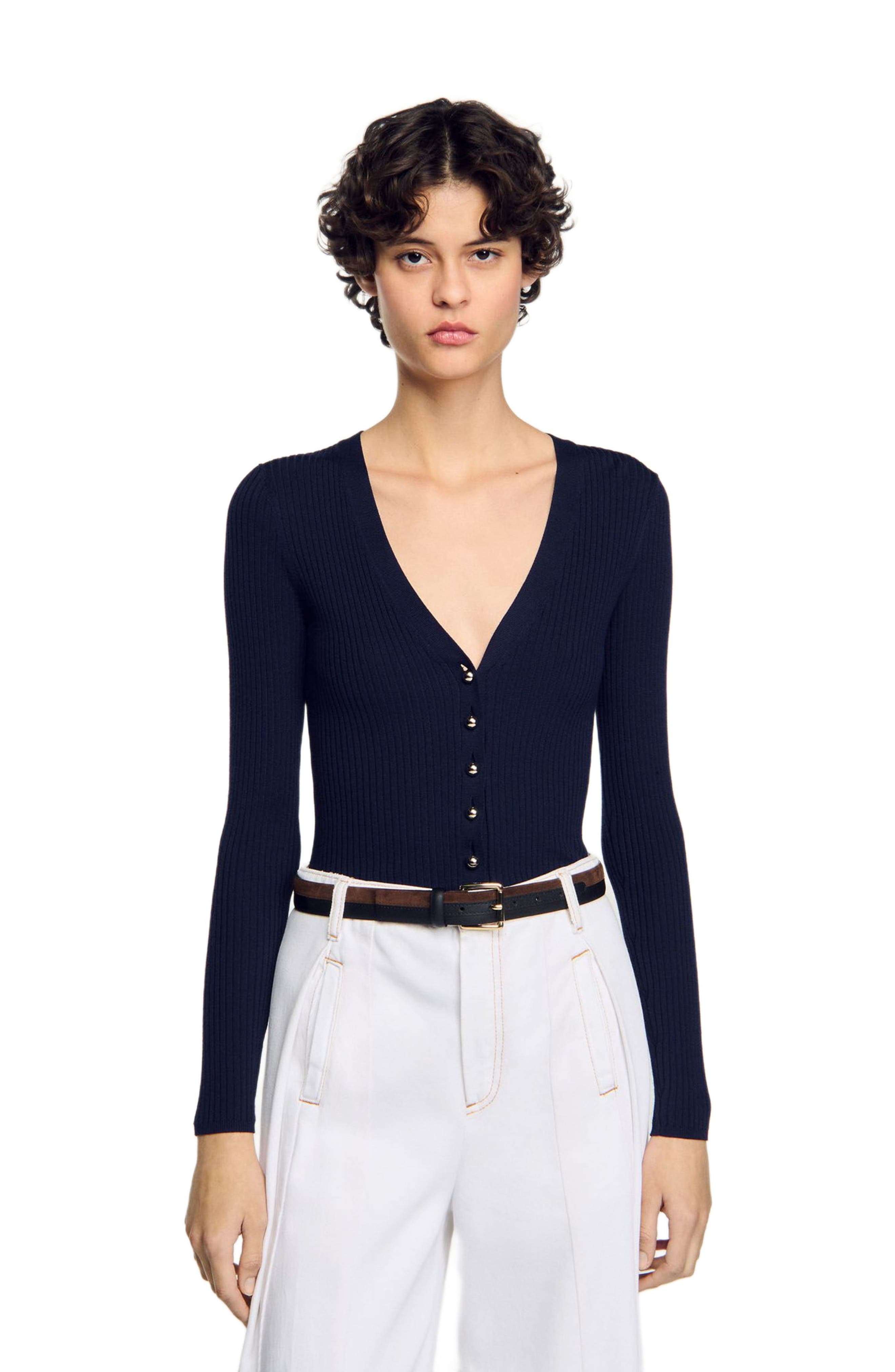 SANDRO Rib knit cardigan in Navy Blue at Nordstrom - 3