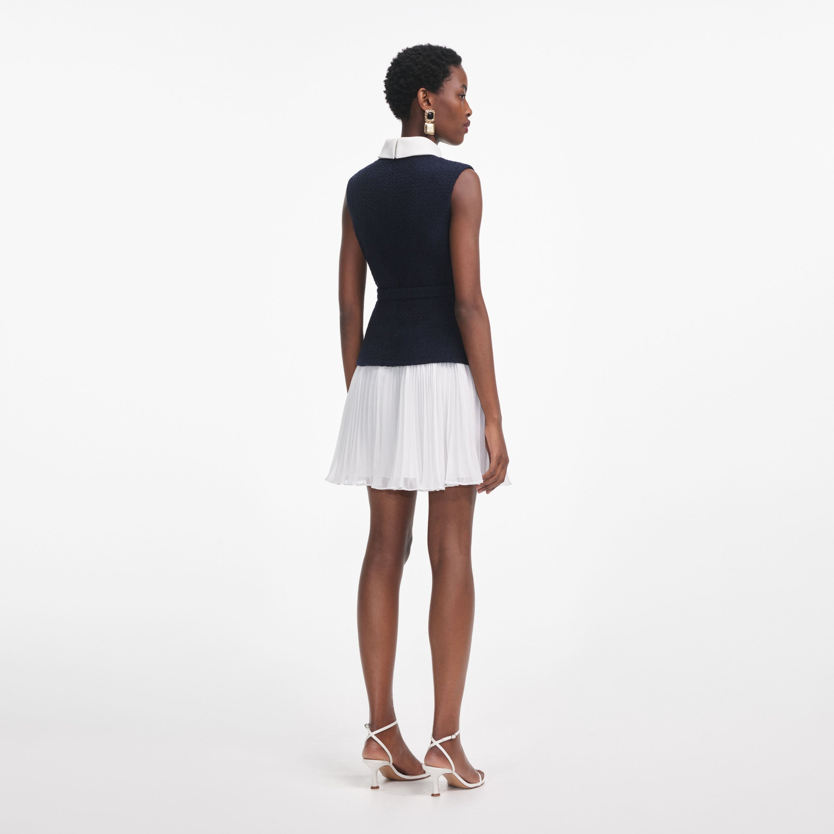 Navy Boucle And Chiffon Mini Dress - 3