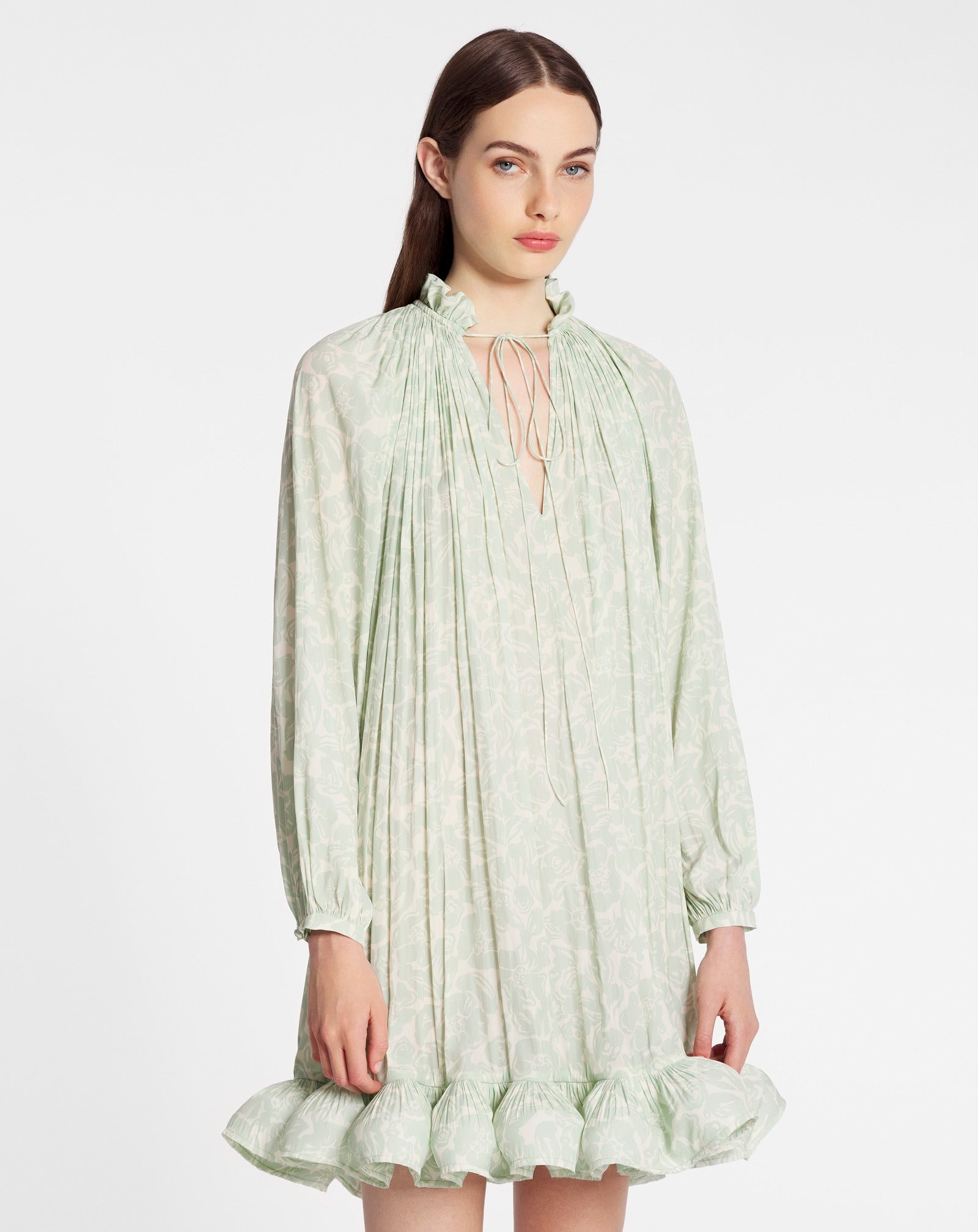 LONG SLEEVE MINI DRESS WITH RUFFLES IN FLOWER PRINT CHARMEUSE - 3