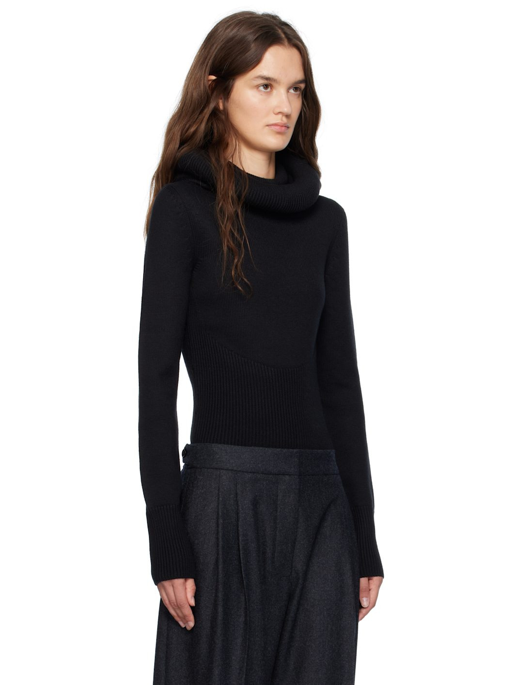 Black Sculptural Hood Ribbed Knit Turtleneck - 2