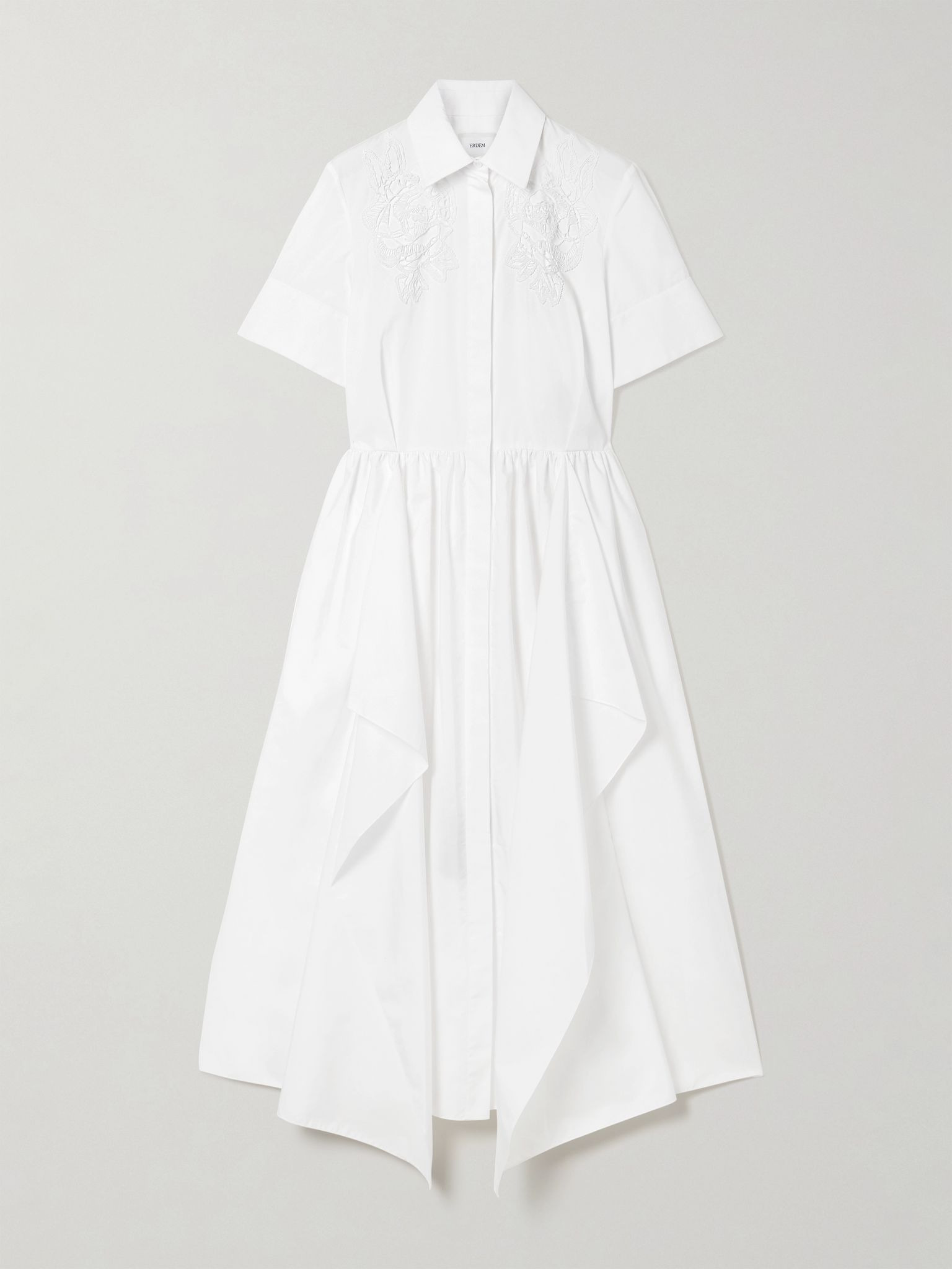 Embroidered gathered cotton-poplin midi shirt dress White - 1