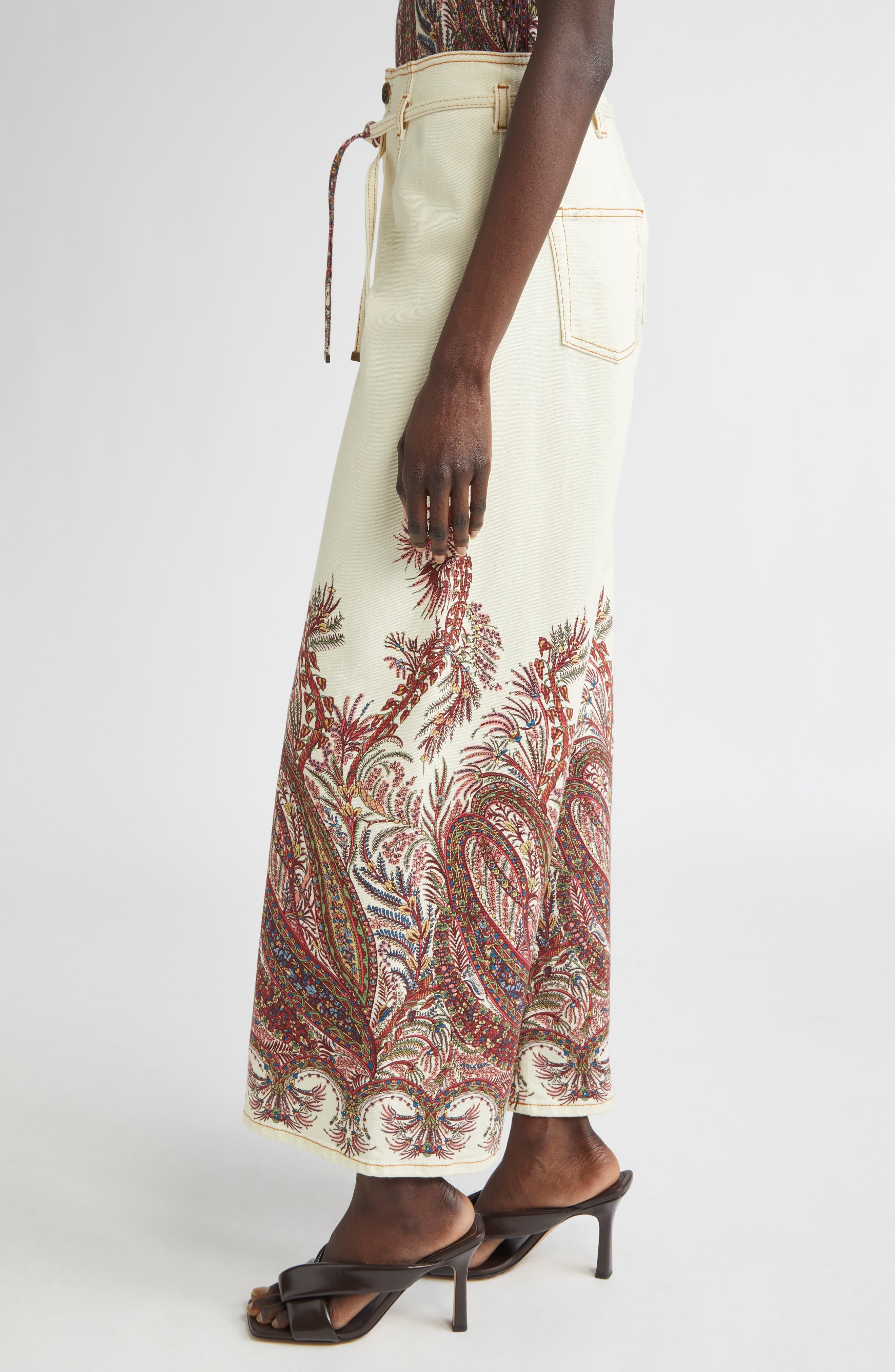 Etro Paisley Floral Belted Wide Leg Jeans in Print On White Base at Nordstrom - 4