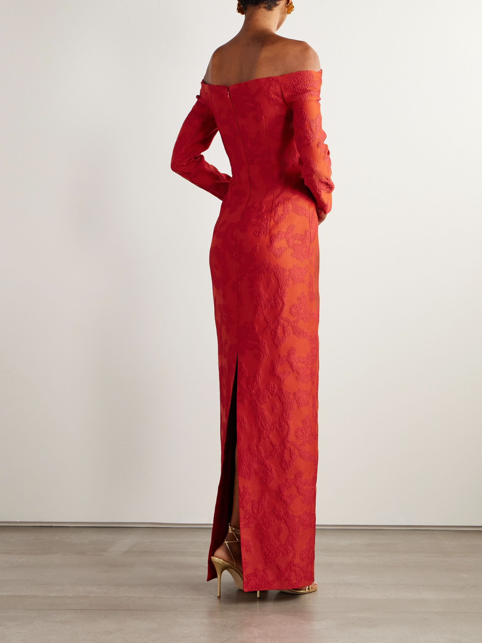 Zarit off-the-shoulder bouclé-jacquard maxi dress Red - 3