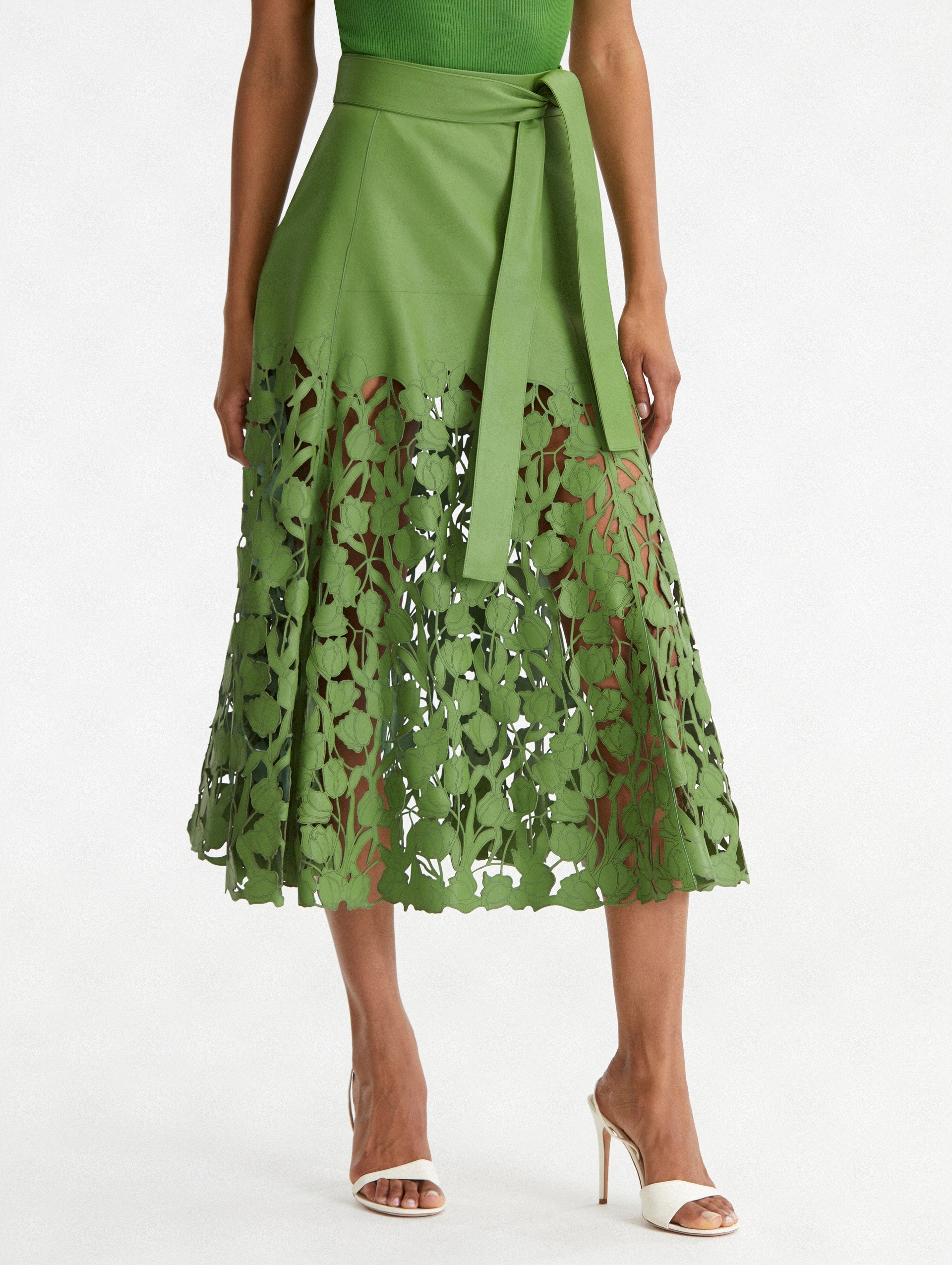 LASER CUT TULIP HEM LEATHER SKIRT - 3