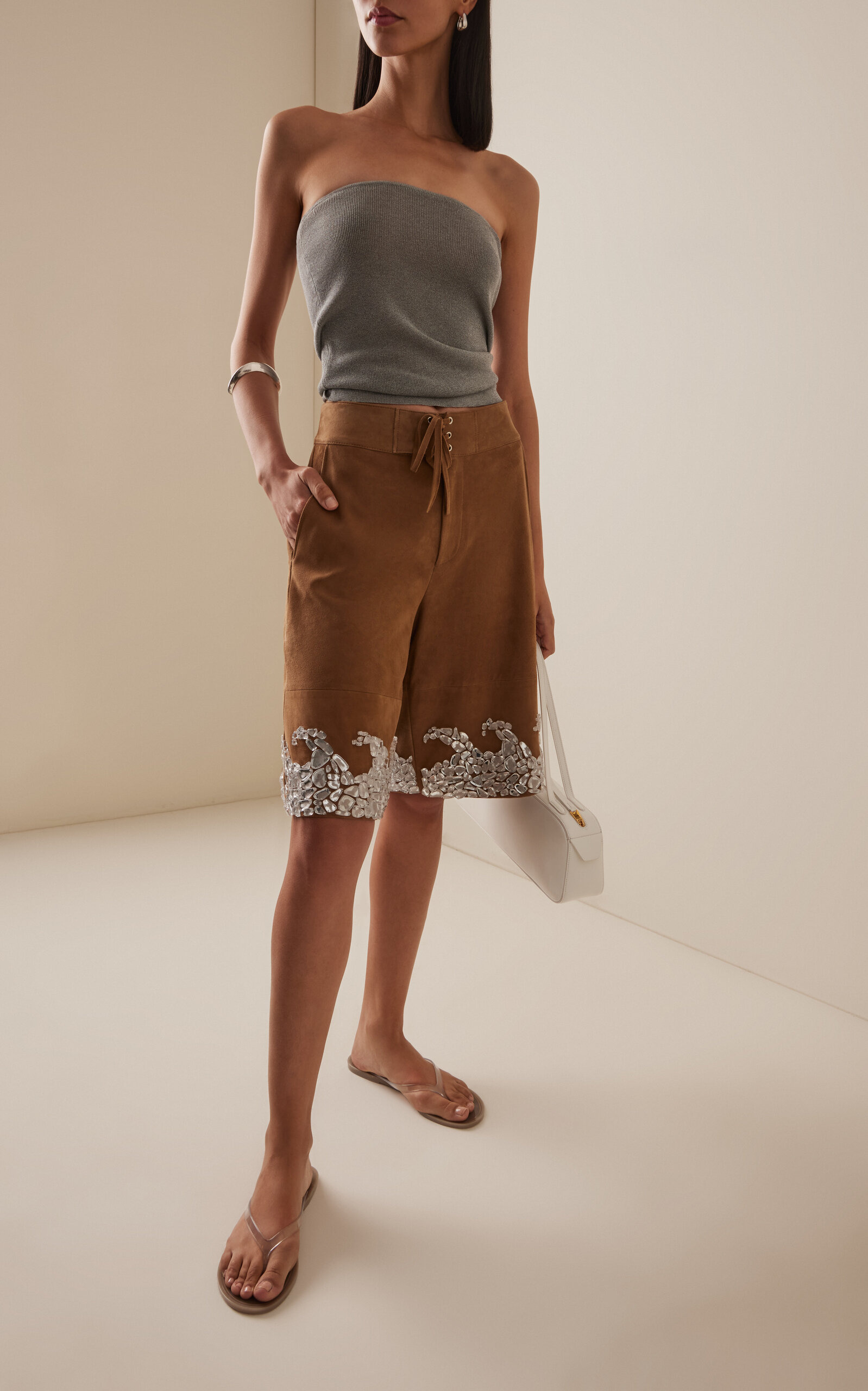 Corrode Wave Embellished Suede Shorts tan - 2