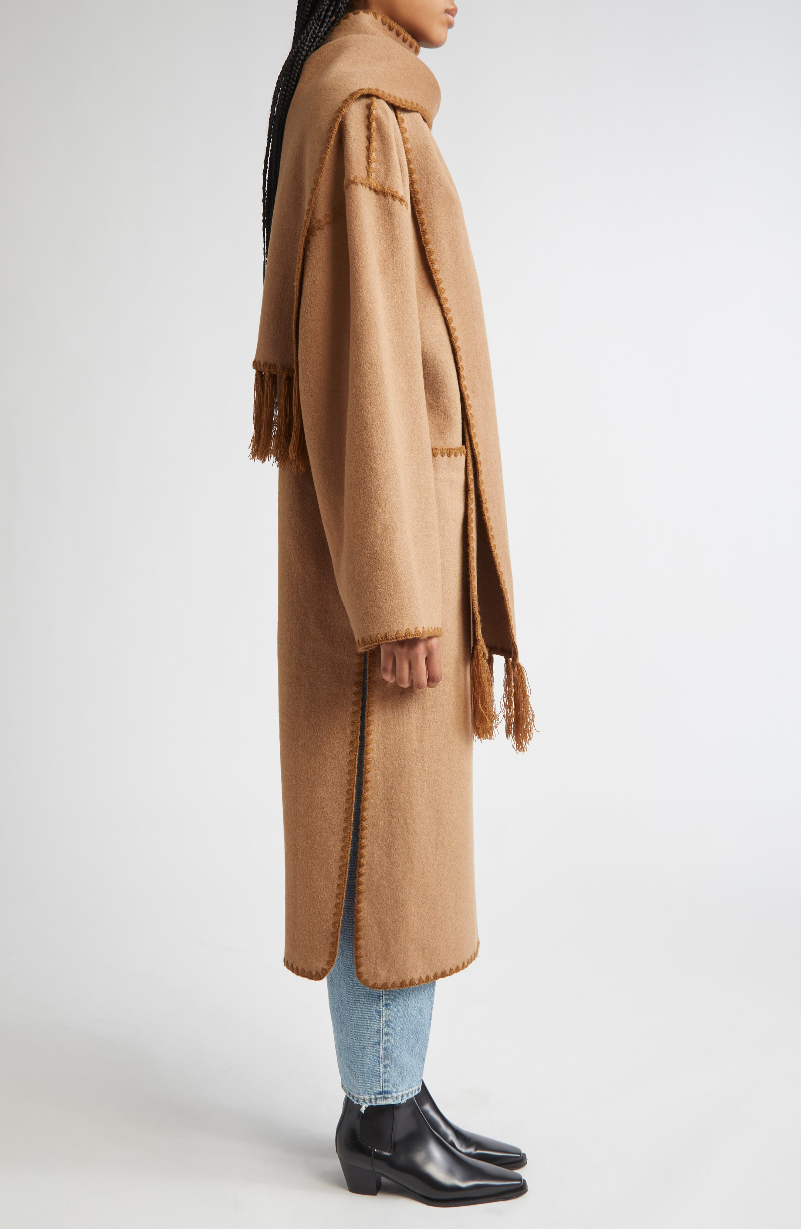 TOTEME Embroidered Scarf Wool Blend Coat in Camel at Nordstrom - 4