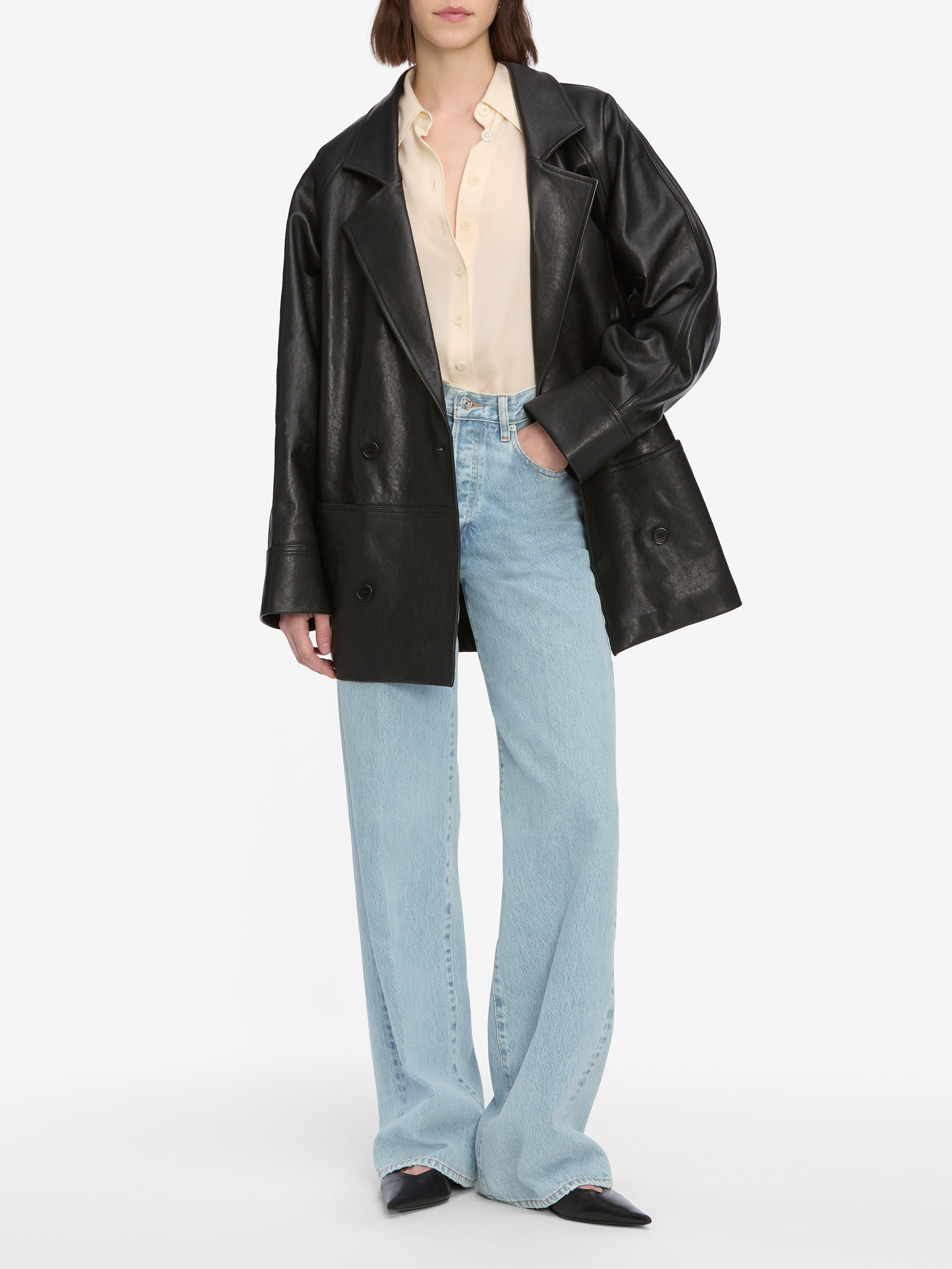 Oversized Leather Jacket in Black - 2