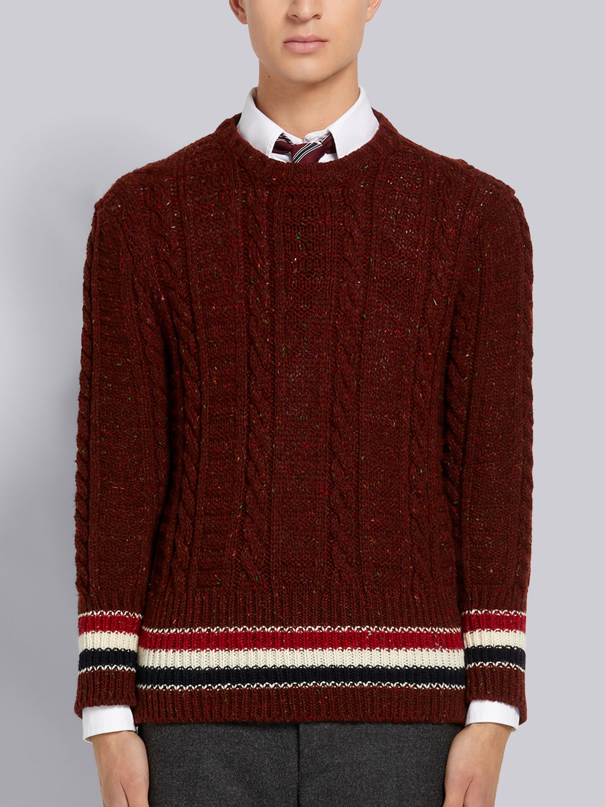 Dark Red Donegal Tweed Filey Stitch Stripe Detail Classic Crew Neck Pullover - 1