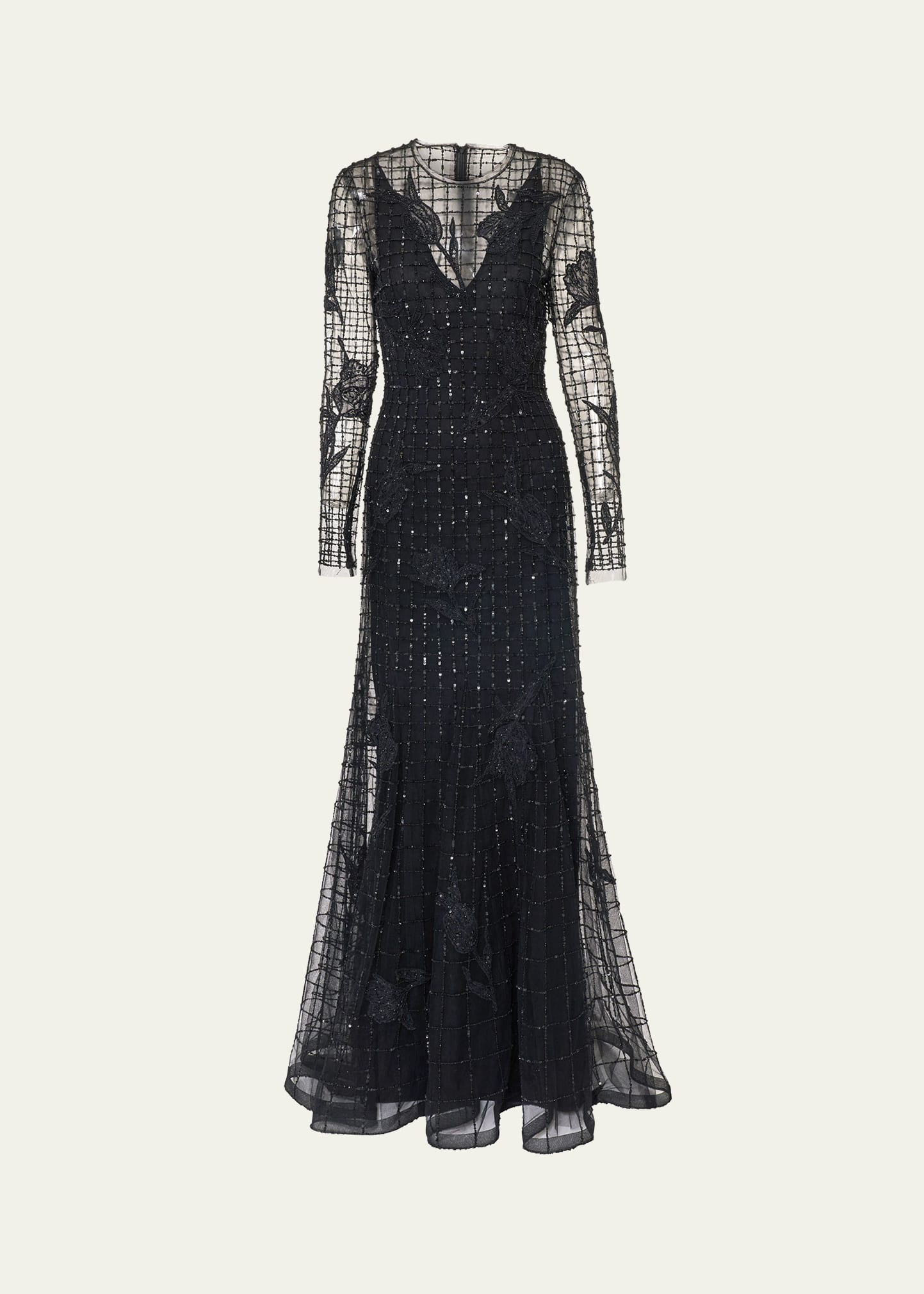 Embellished Long-Sleeve Trumpet Gown - 1