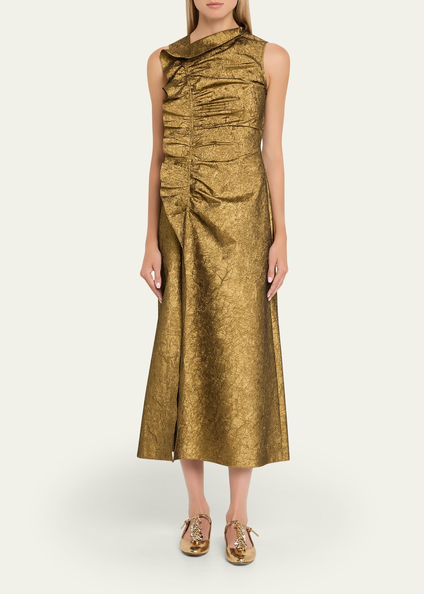 Demetria Metallic Sleeveless Ruched Midi Dress - 2