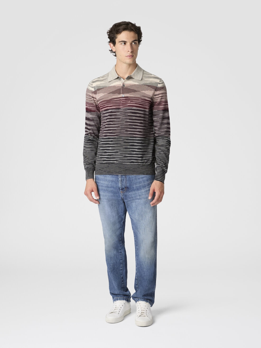Long Sleeve Polo in Pure Wool with Flame Pattern - 2