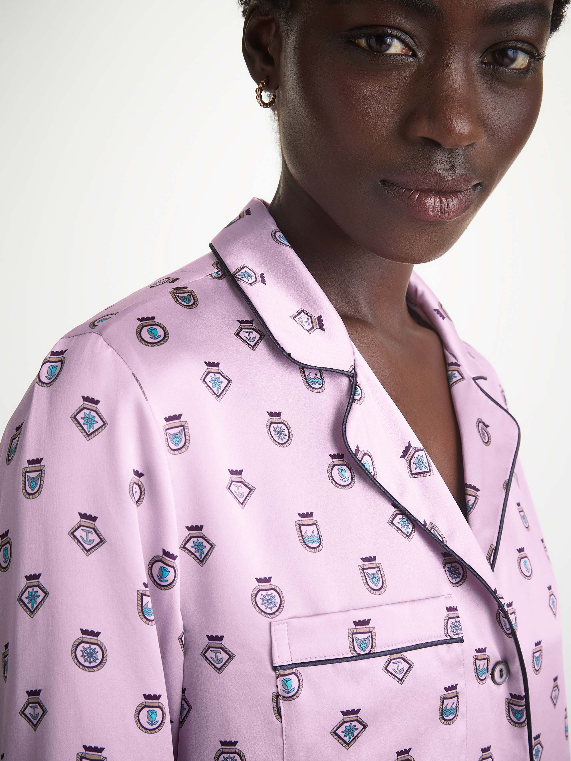 Women's Pajamas Silk Satin Lilac Badge Pattern - 1