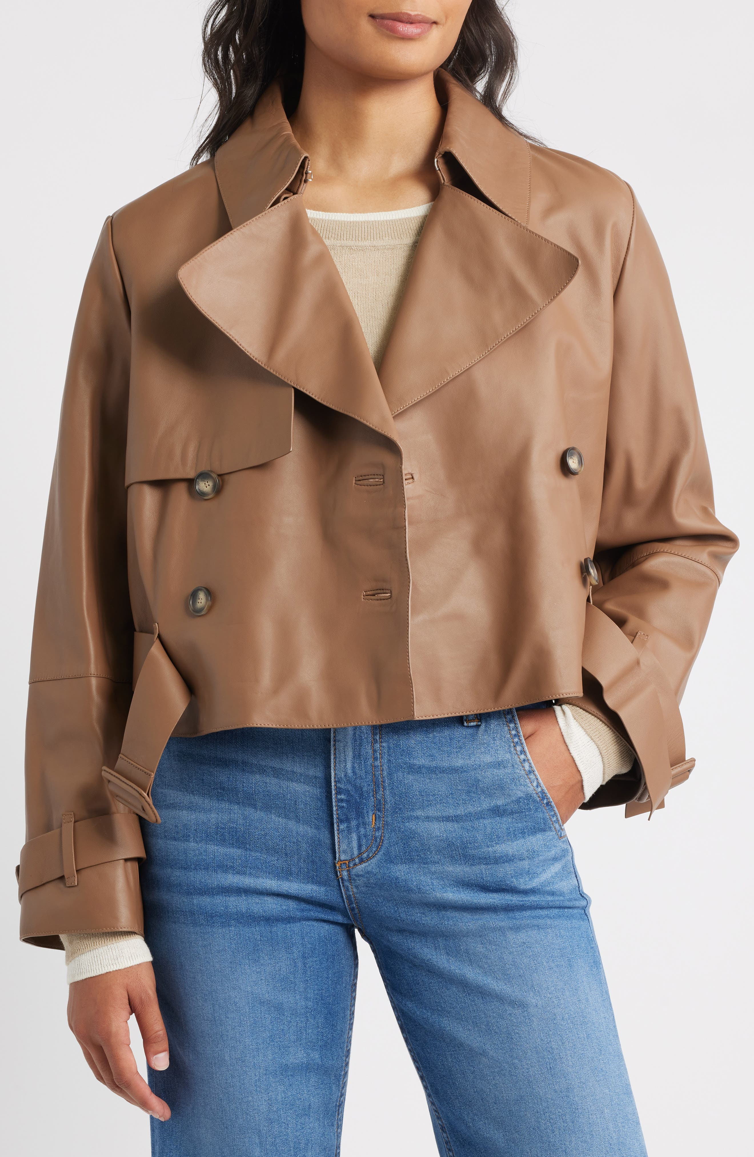BOSS Satela Double Breasted Leather Jacket in Rust/Copper at Nordstrom - 4