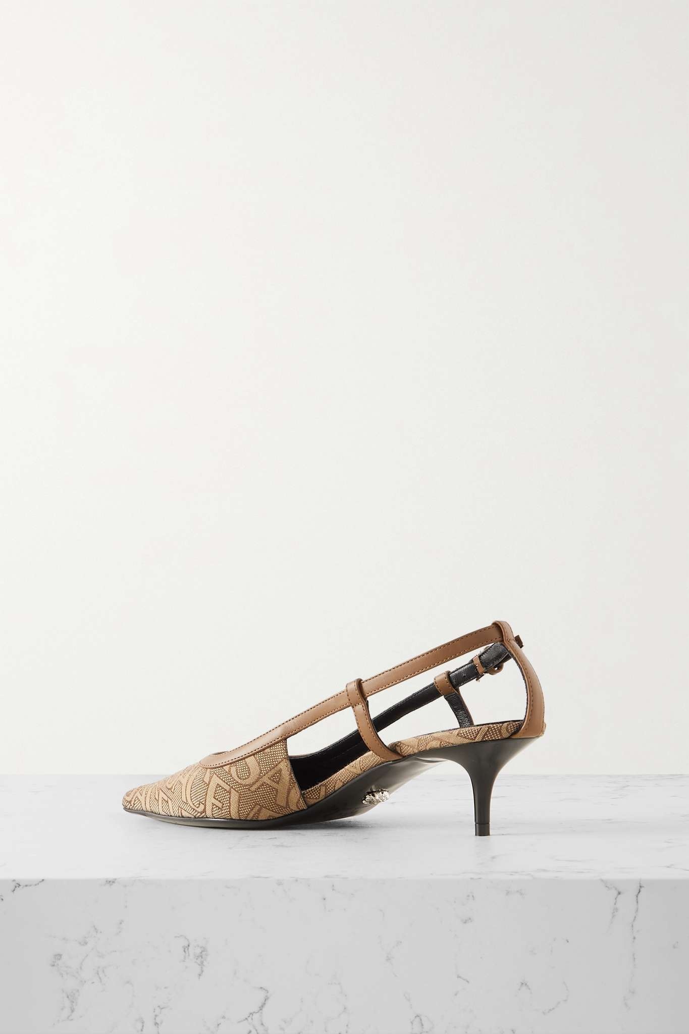 Leather-trimmed logo-jacquard canvas slingback pumps - 3