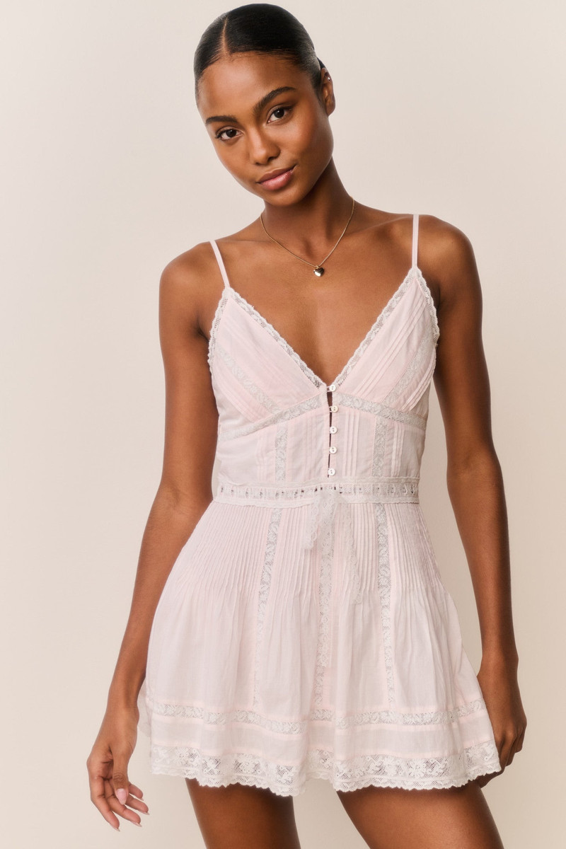 LoveShackFancy Zirelle Pink Cotton Lace-Trimmed Mini Dress outlook