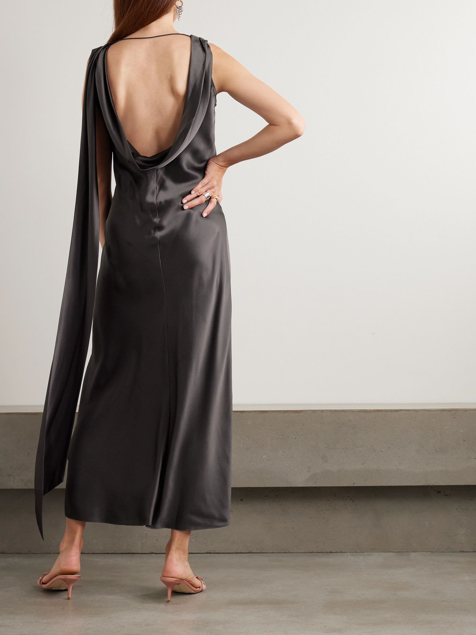 Open-back draped silk-satin midi dress Dark gray - 3