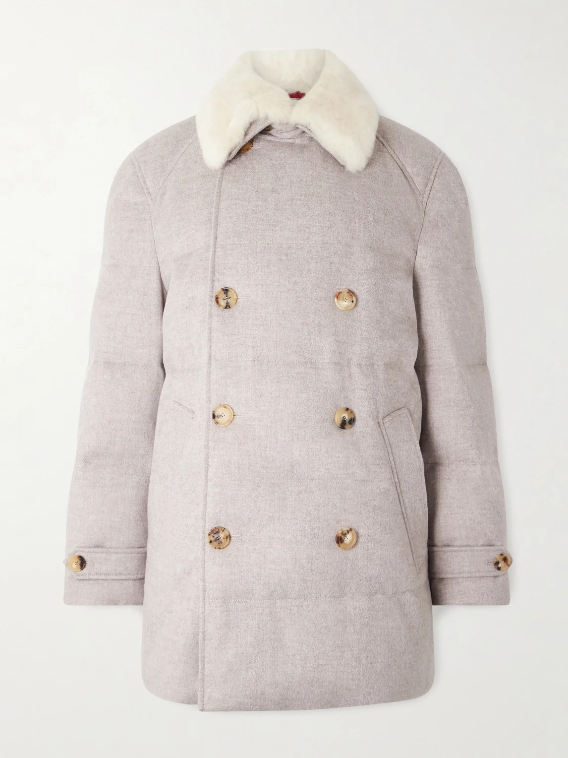 Double-Breasted Shearling-Trimmed Quilted Cashmere Down Coat - 1