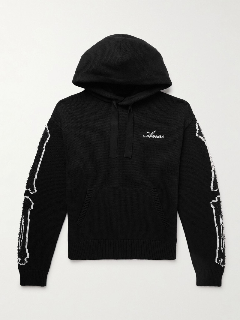 Bones Logo-Embroidered Intarsia-Knit Cotton-Blend Hoodie Black 1