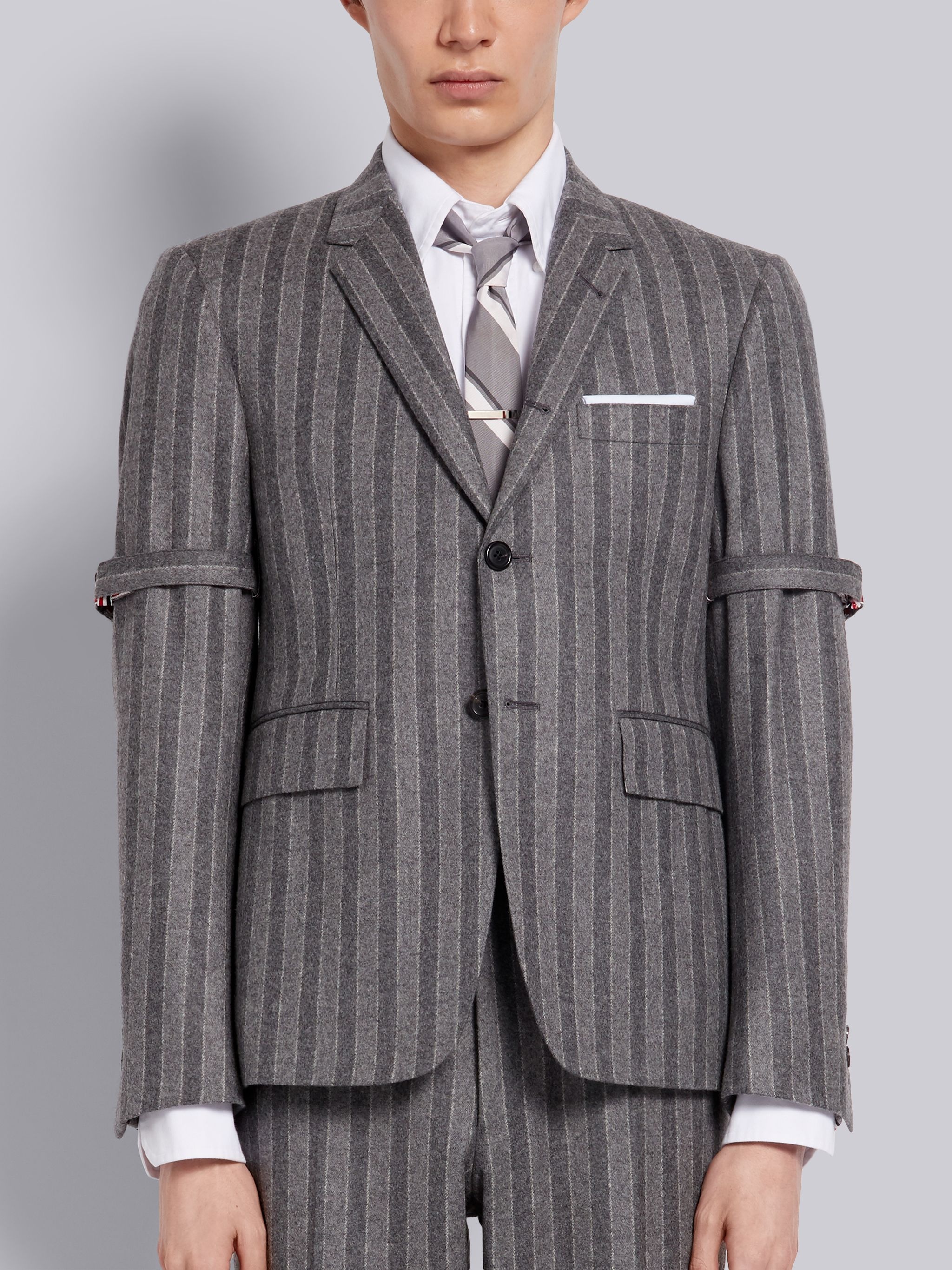 Medium Grey Tonal Chalk Stripe Wool Flannel Armband Classic Jacket - 1