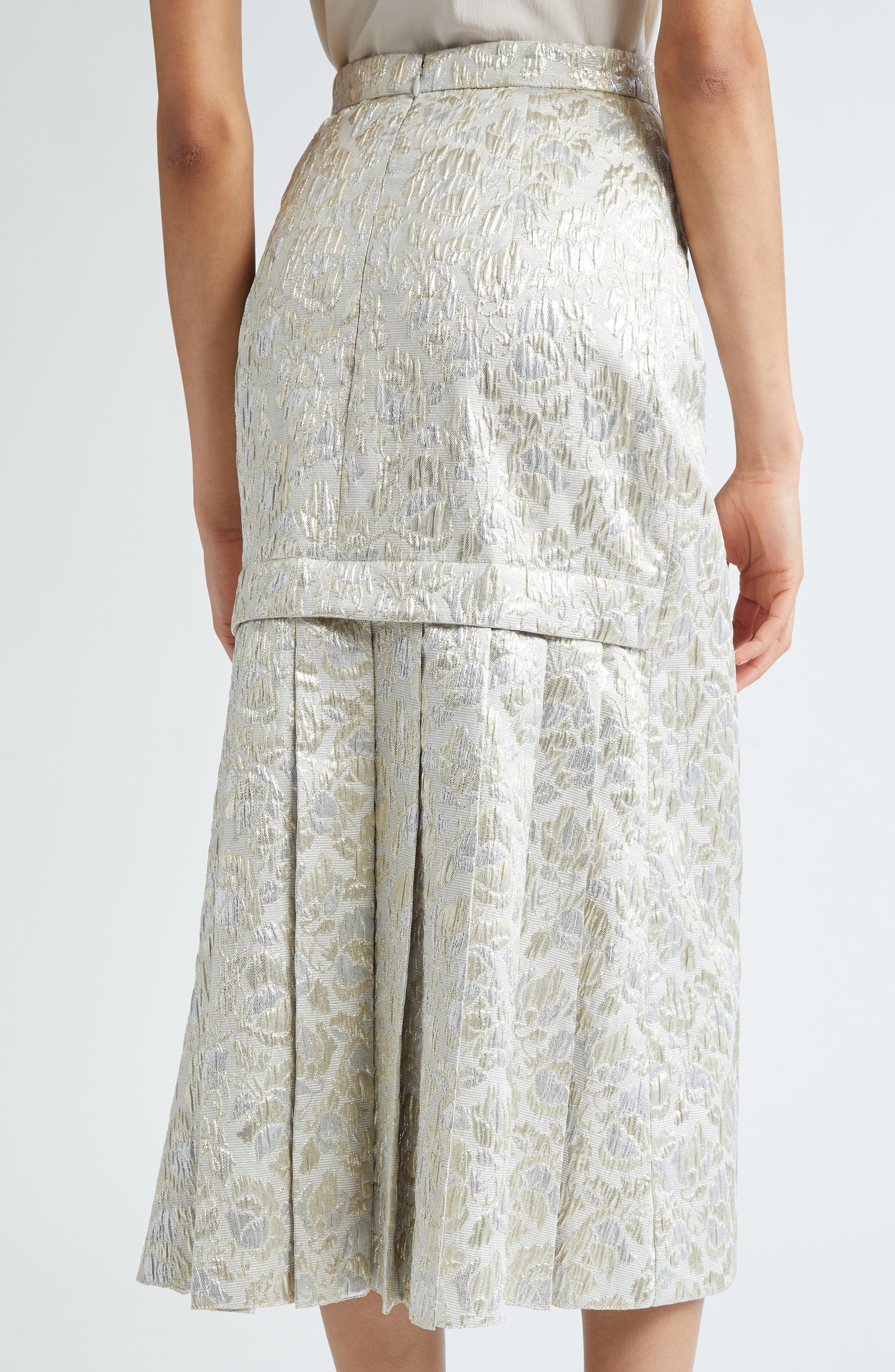 Pleated Back Floral Cloqué Midi Skirt - 5