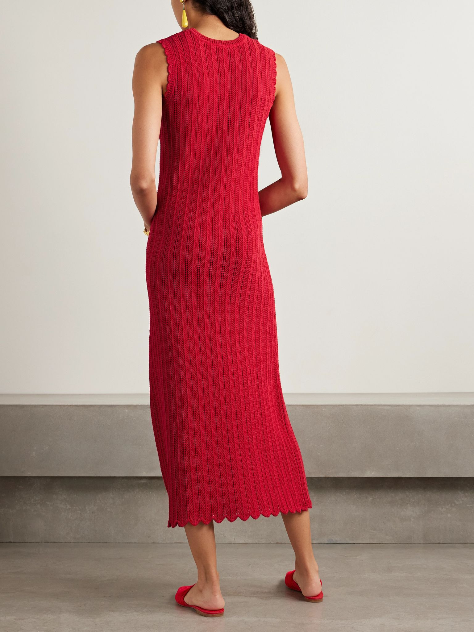 Sissi ribbed open-knit organic cotton midi dress Red - 3