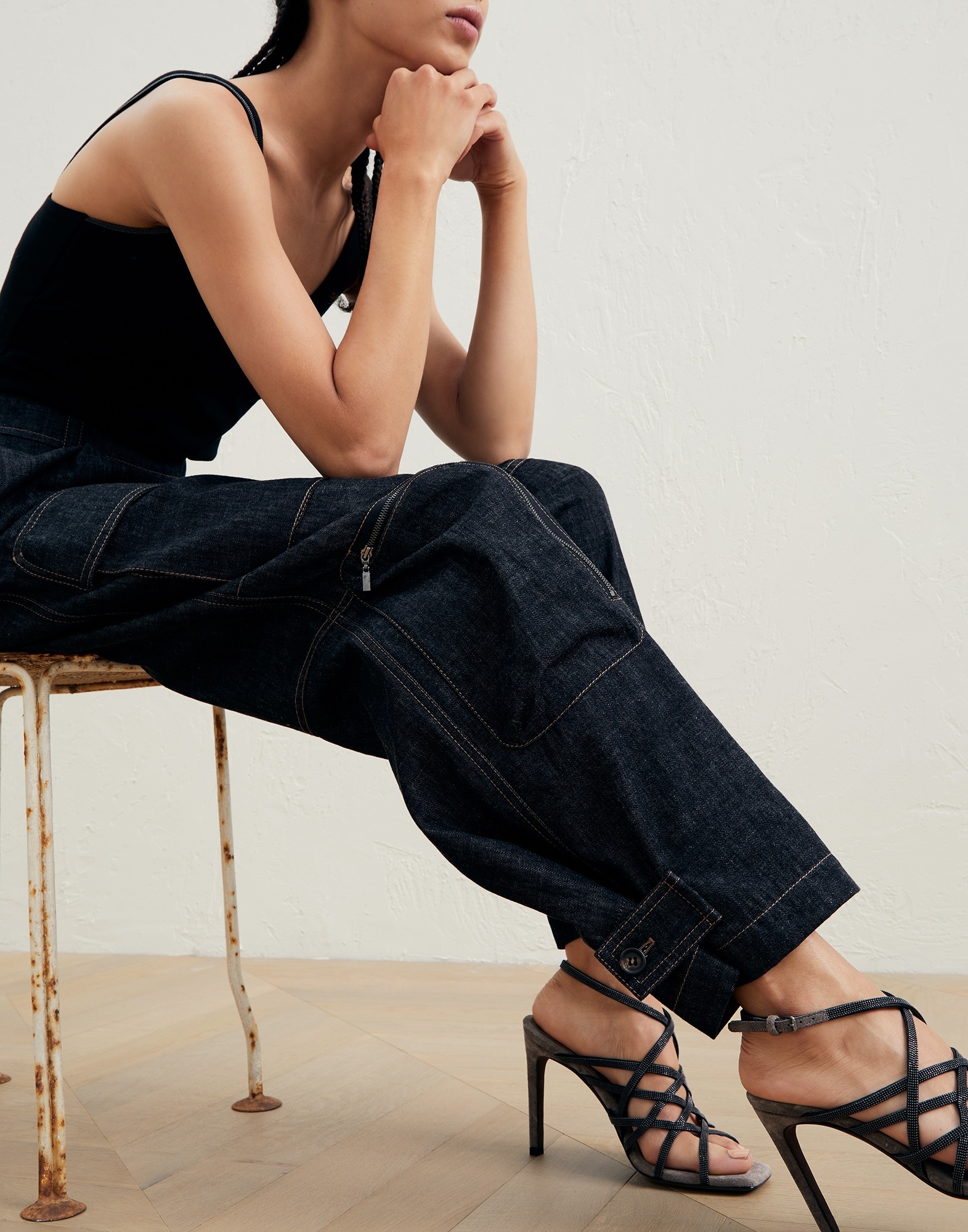 Dark polished denim multipocket trousers with monili - 3