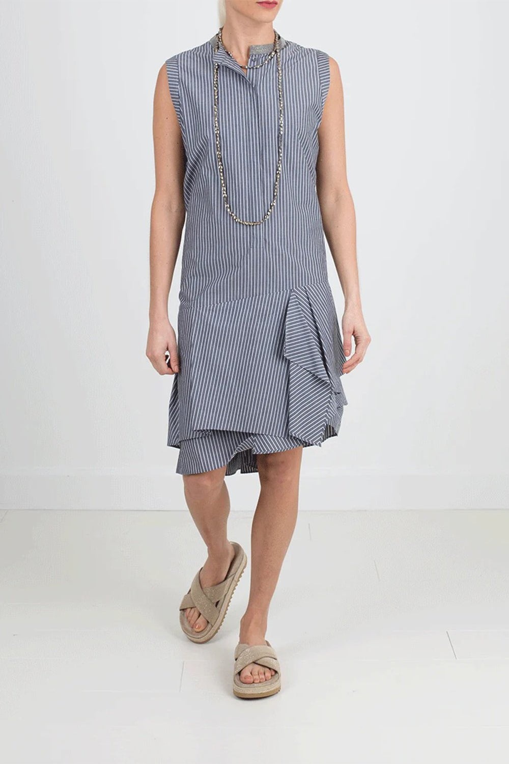 Sleeveless Striped Gathered Bottom Dress - 2