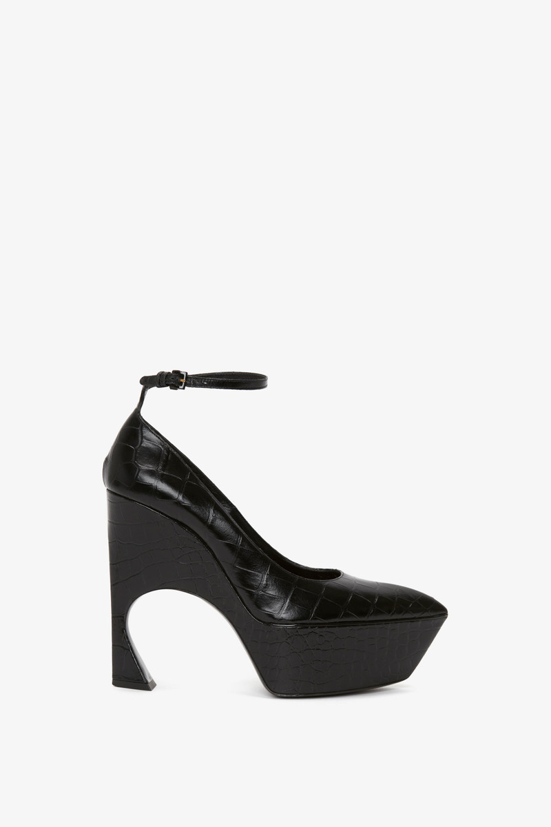 Ankle Strap Wedge Pump In Black Croc-Effect Leather - 1