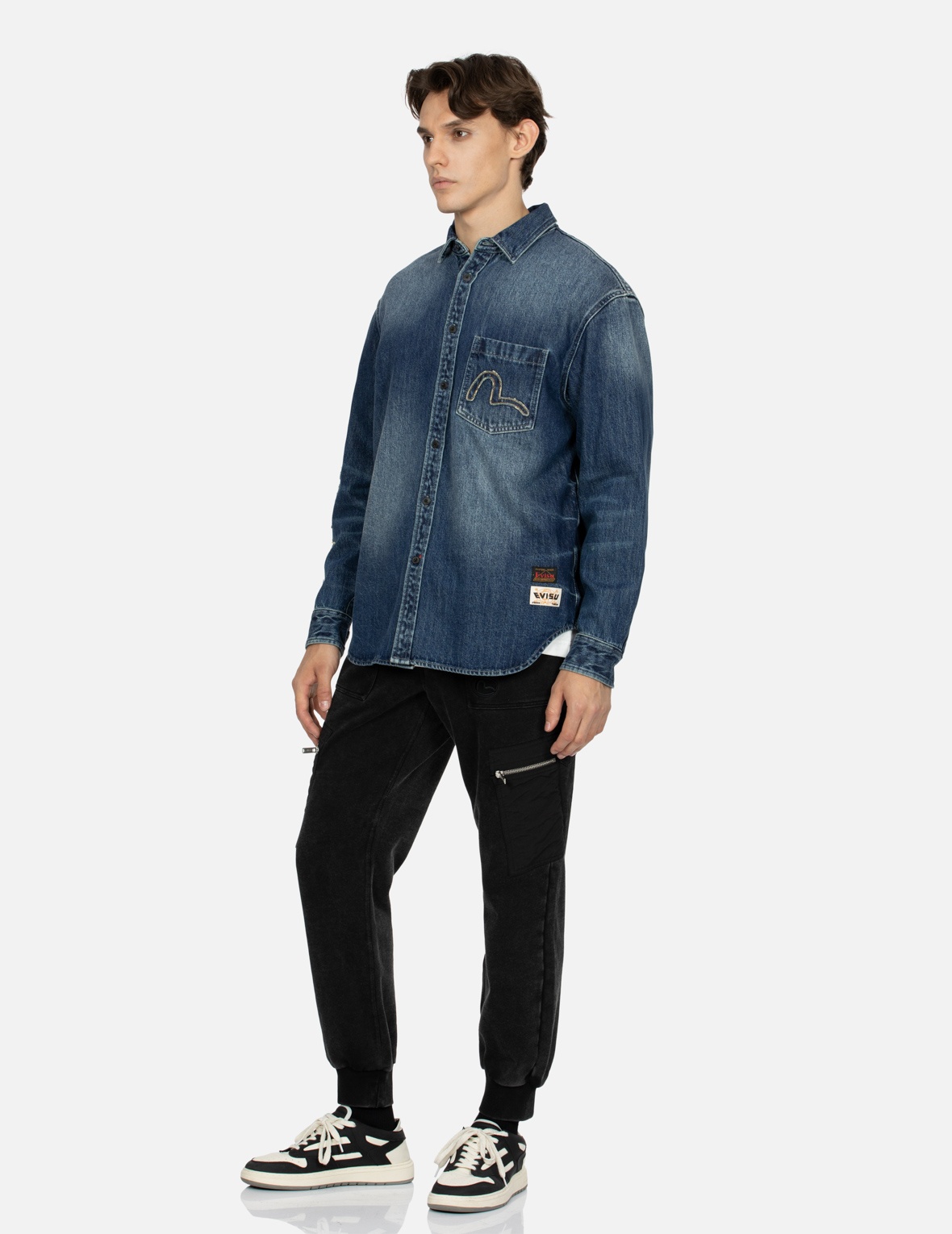 GRUNGE STYLE LOGO AND SEAGULL APPLIQUÉ RELAX FIT DENIM SHIRT - 4