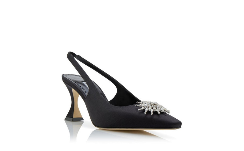 Black Satin Crystal Embellished Slingback Pumps 3
