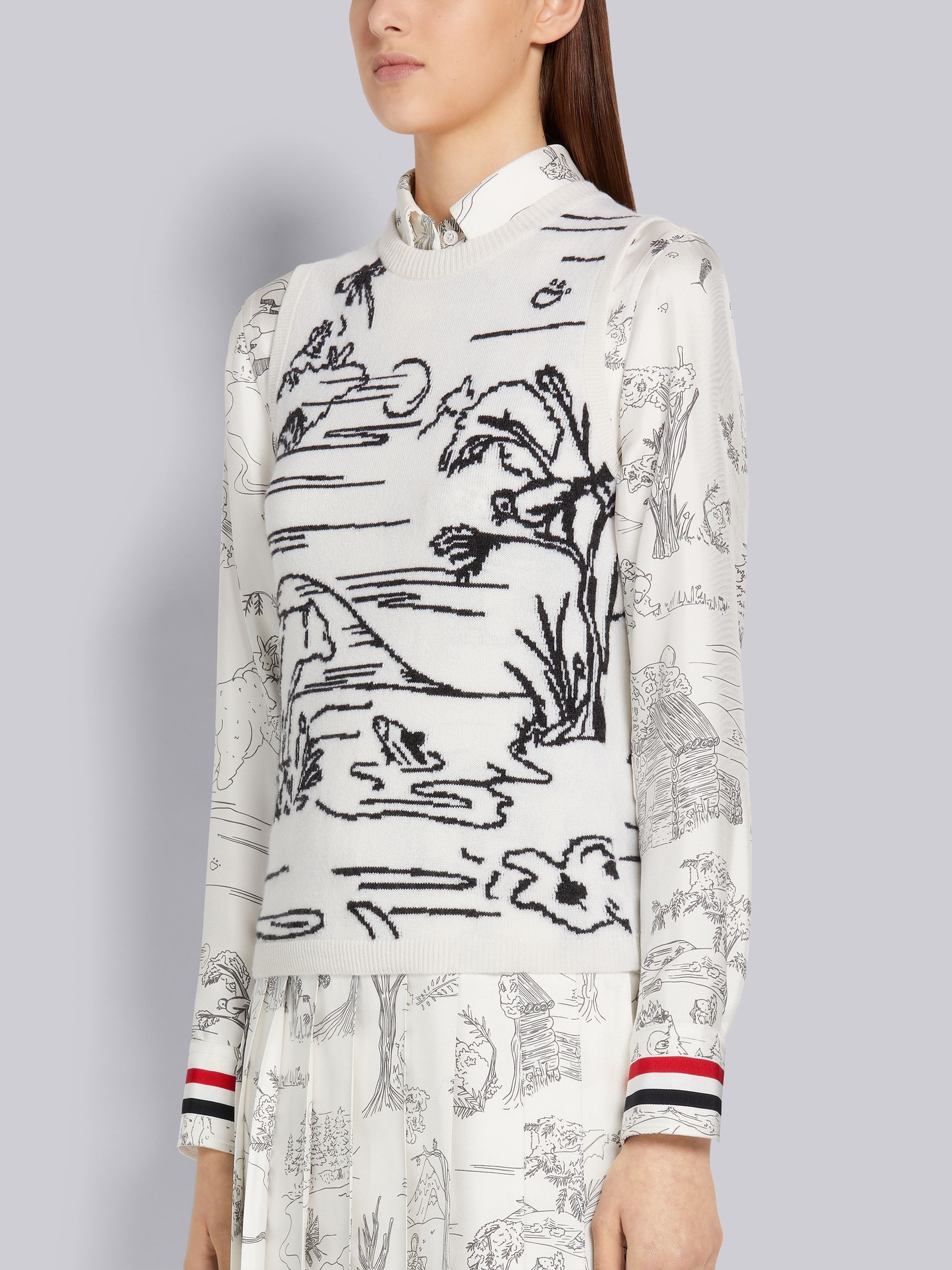 White Animal Camp Toile Intarsia Cashmere Crew Neck Shell Top - 2