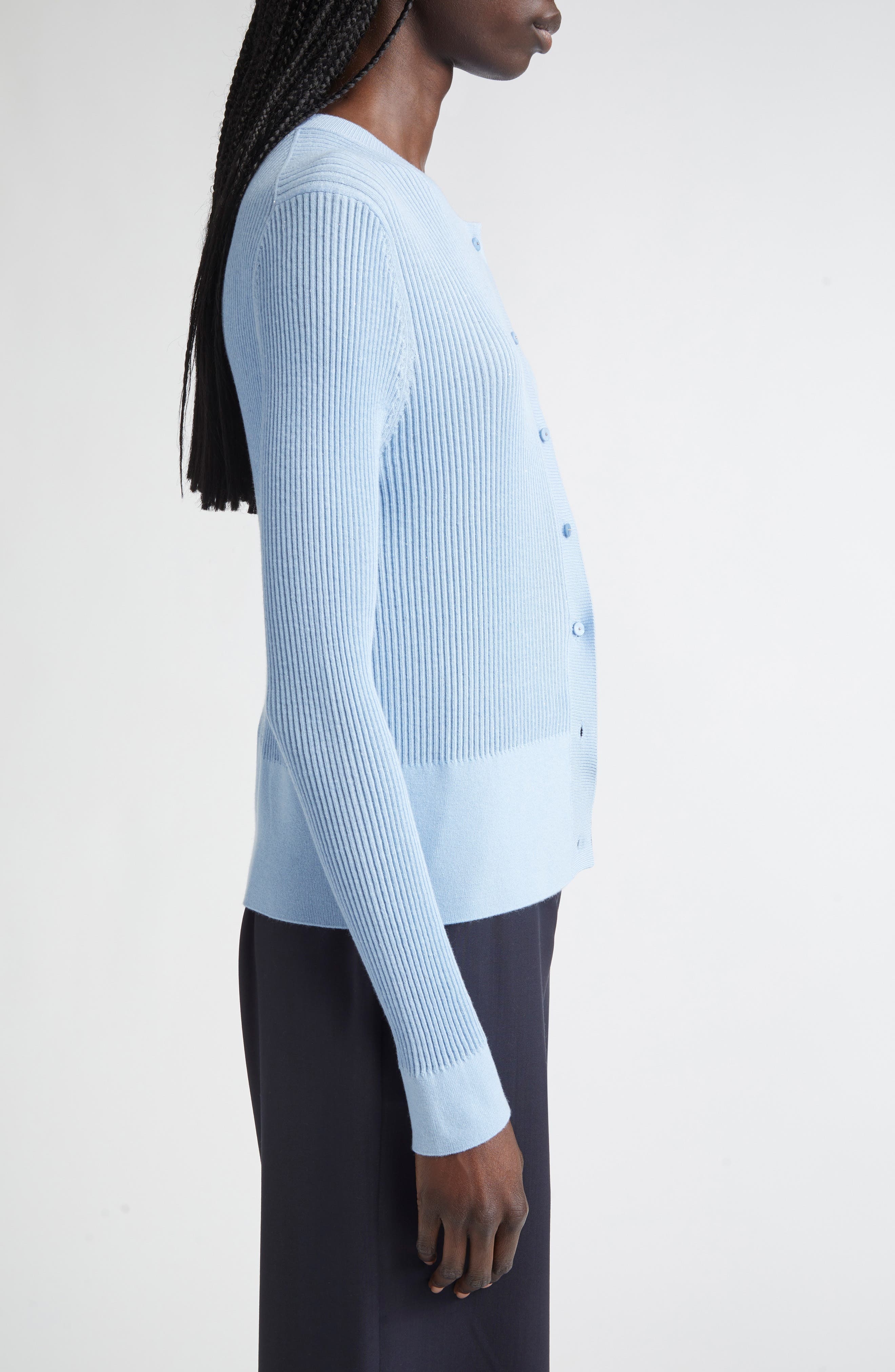 Max Mara Ribera Sequin Rib Fitted Silk & Wool Cardigan in Light Blue at Nordstrom - 3