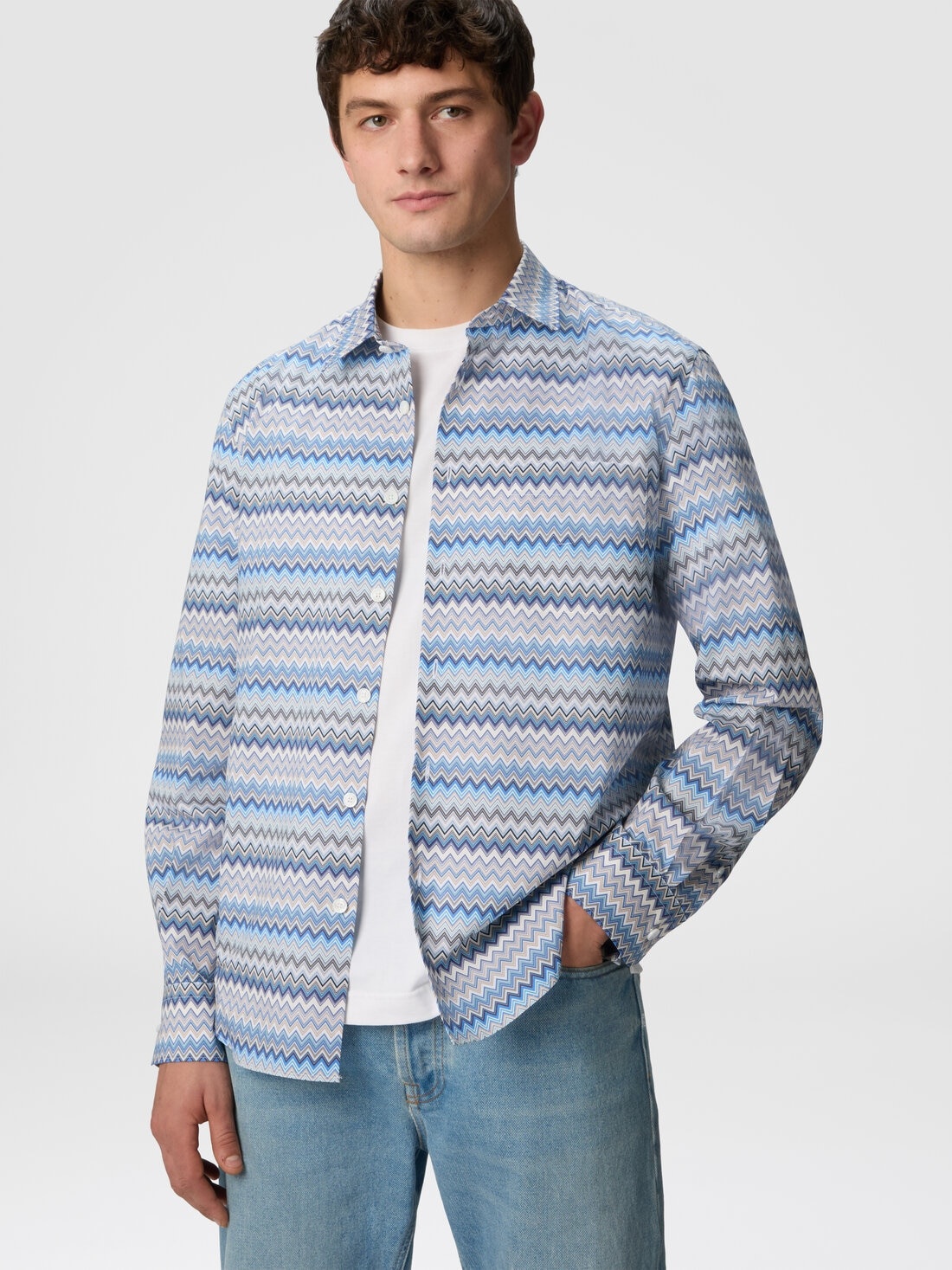 Zig zag cotton poplin shirt with breast pocket - 4