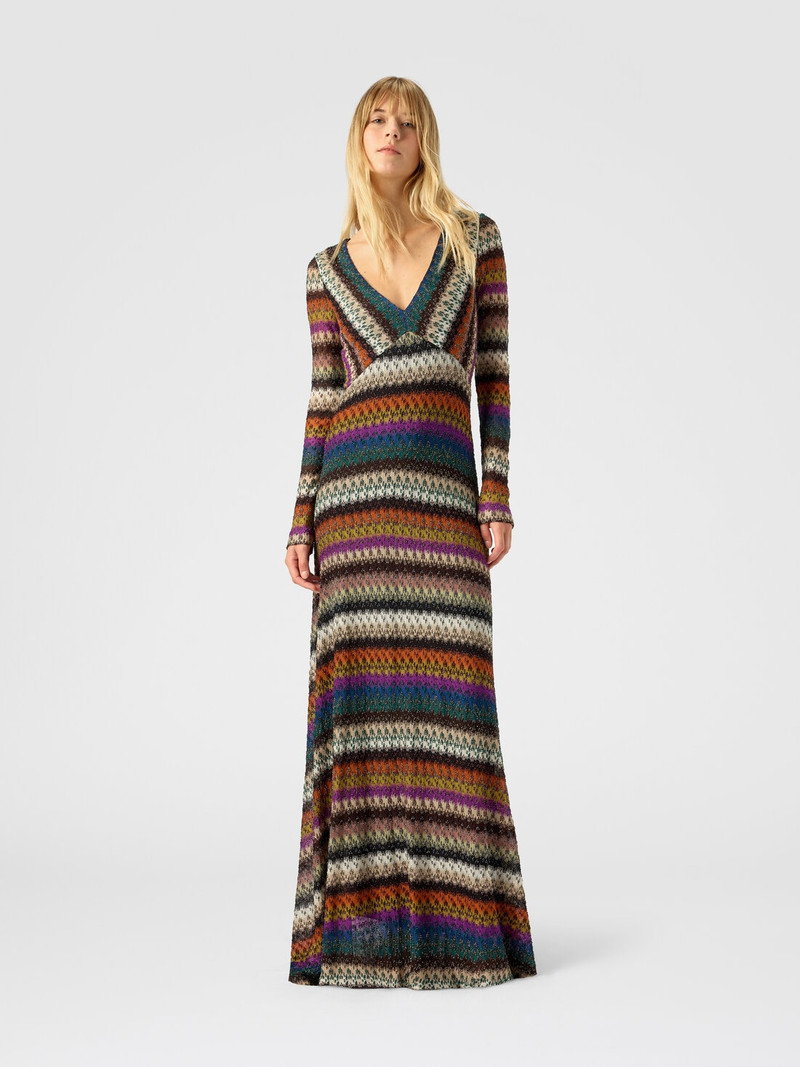 Missoni Flared long dress with v-neck and long sleeves outlook