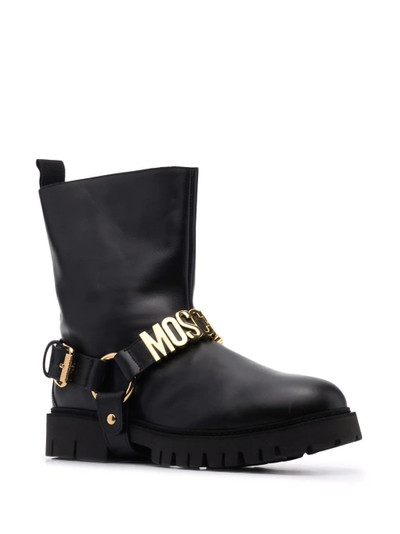 Moschino logo-lettered stirrup-detail biker boots outlook