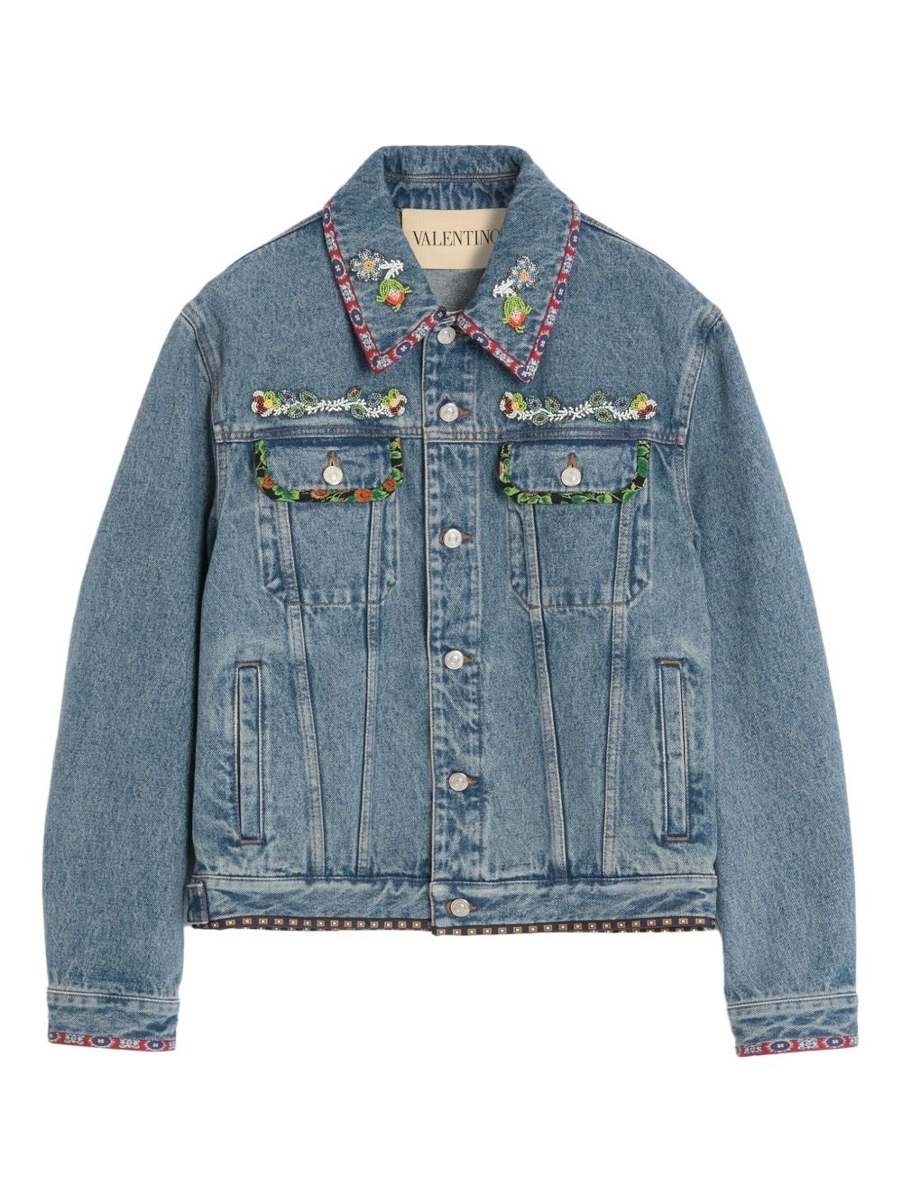 printed-trim denim jacket - 1