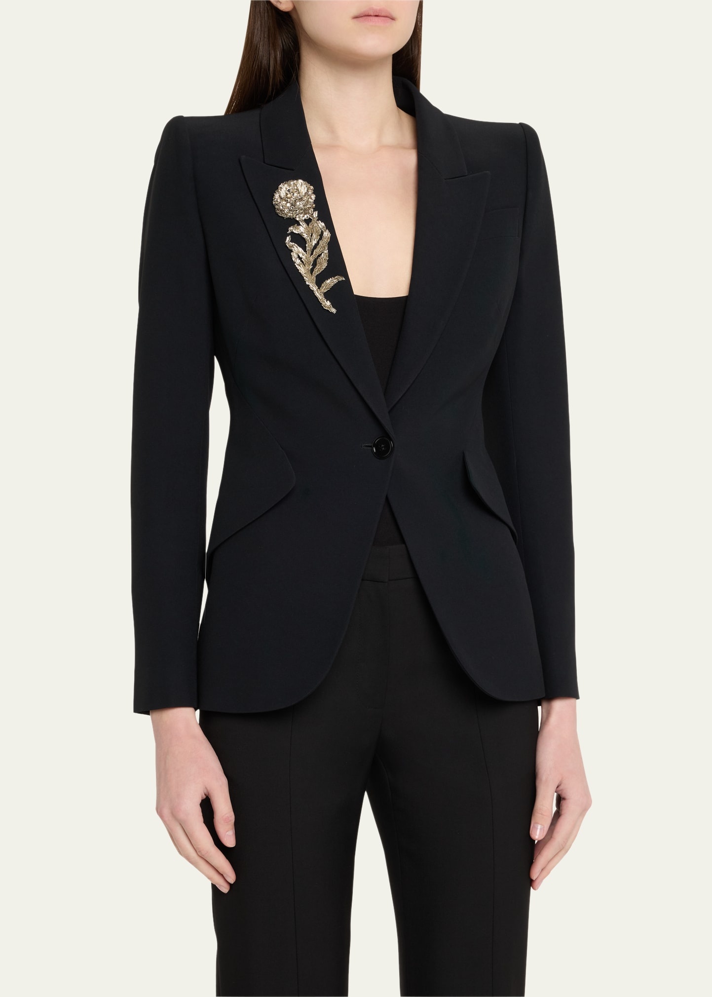Crystal Rose Embroidered Single-Breasted Blazer - 4