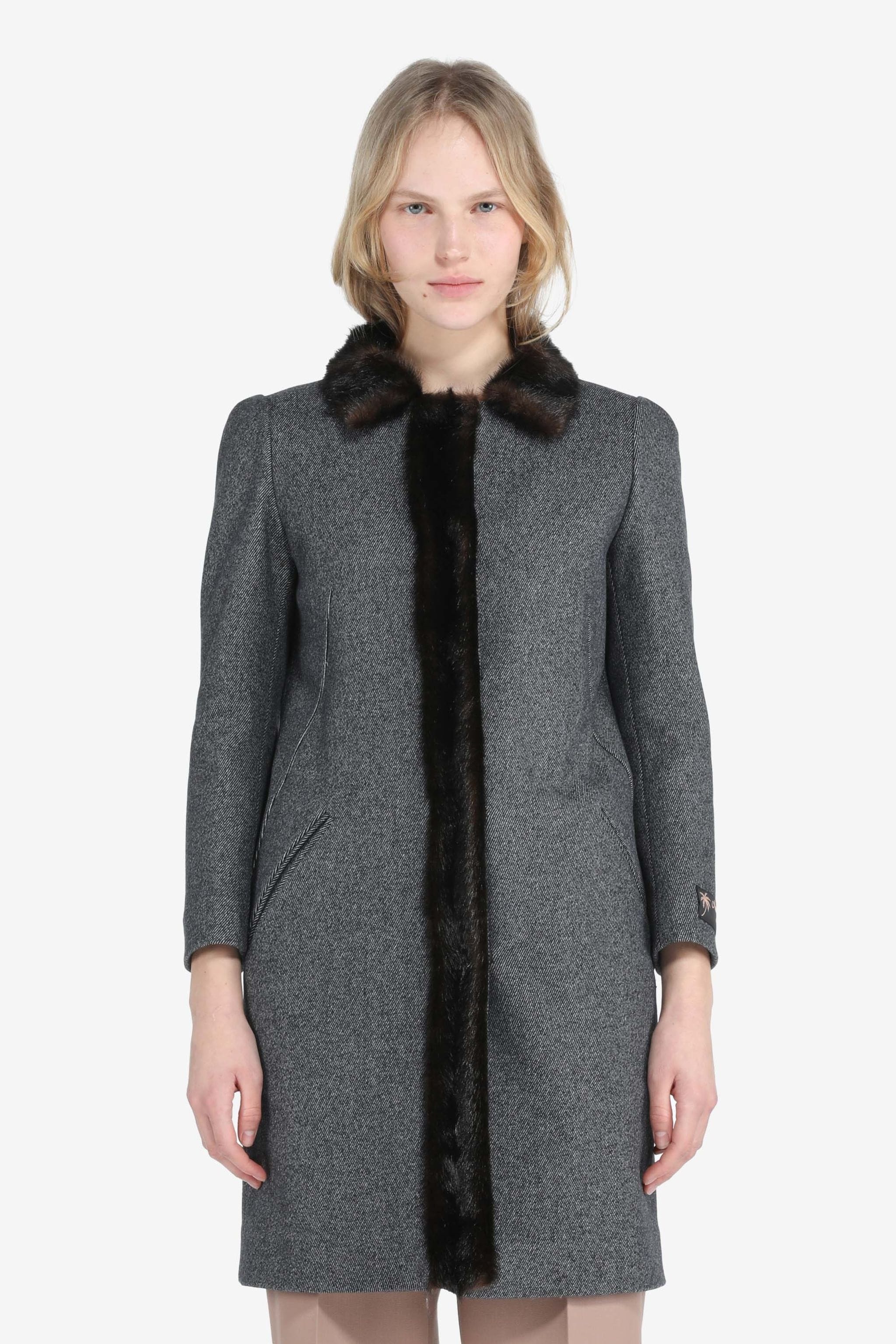 FAUX FUR-TRIM HERRINGBONE COAT - 1