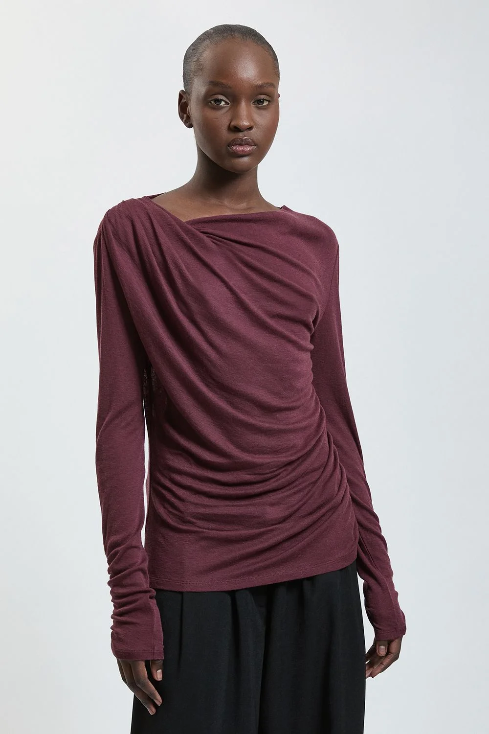 Wool Blend Funnel Neck Ruche Jersey Top - 1