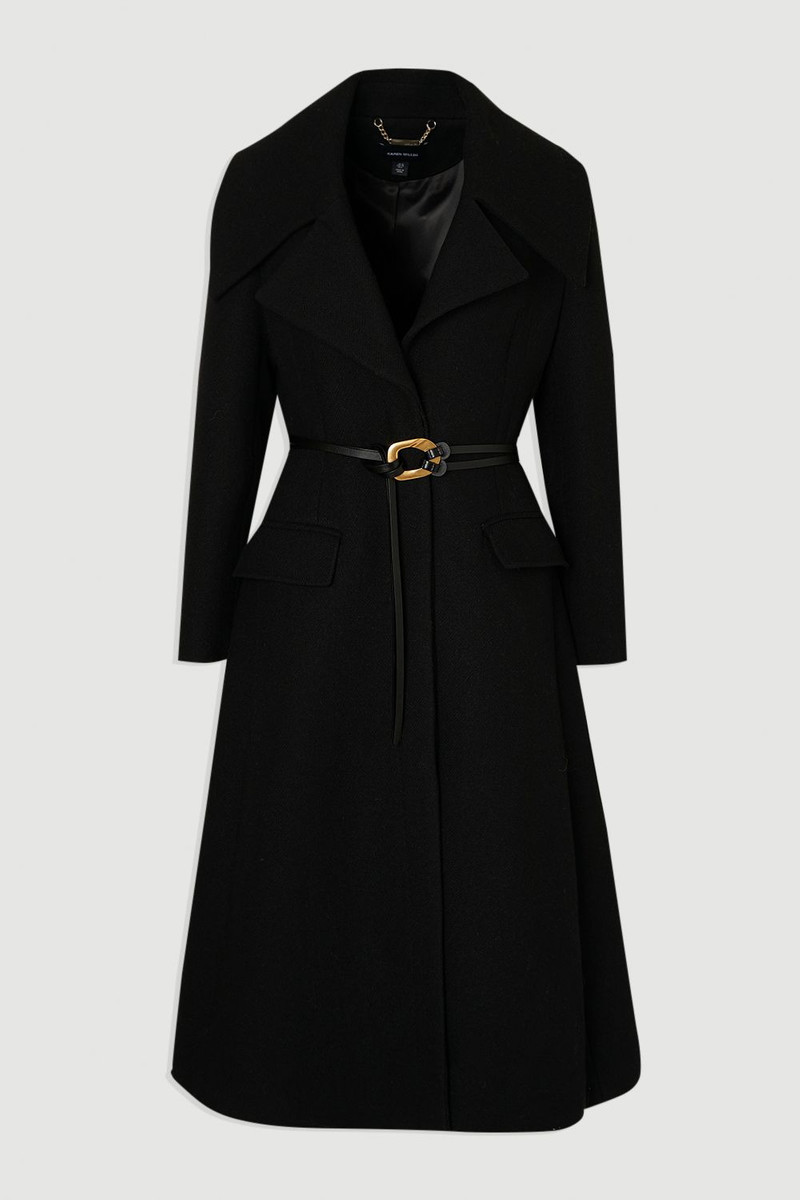 Wool Shawl Collar Belted Tailored Midi Coat - 1