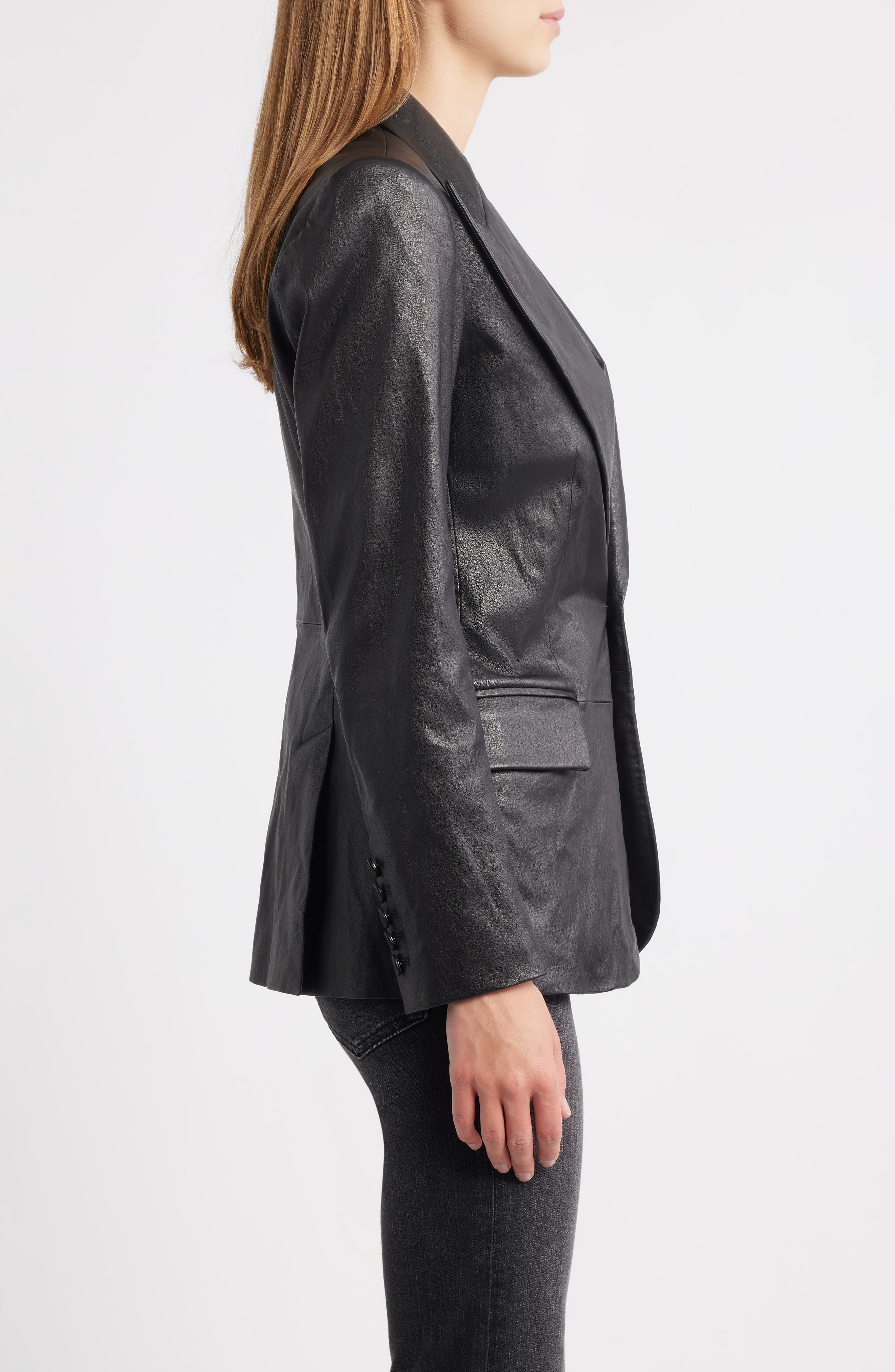 FRAME The Peak Lapel Faux Leather Blazer in Black at Nordstrom - 3