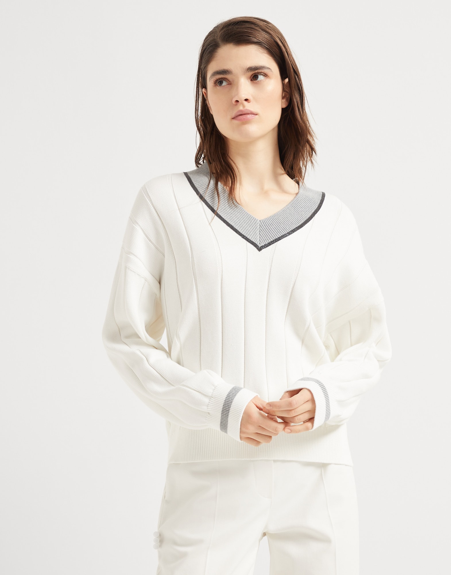 Cotton flat rib sweater with precious neckline - 1
