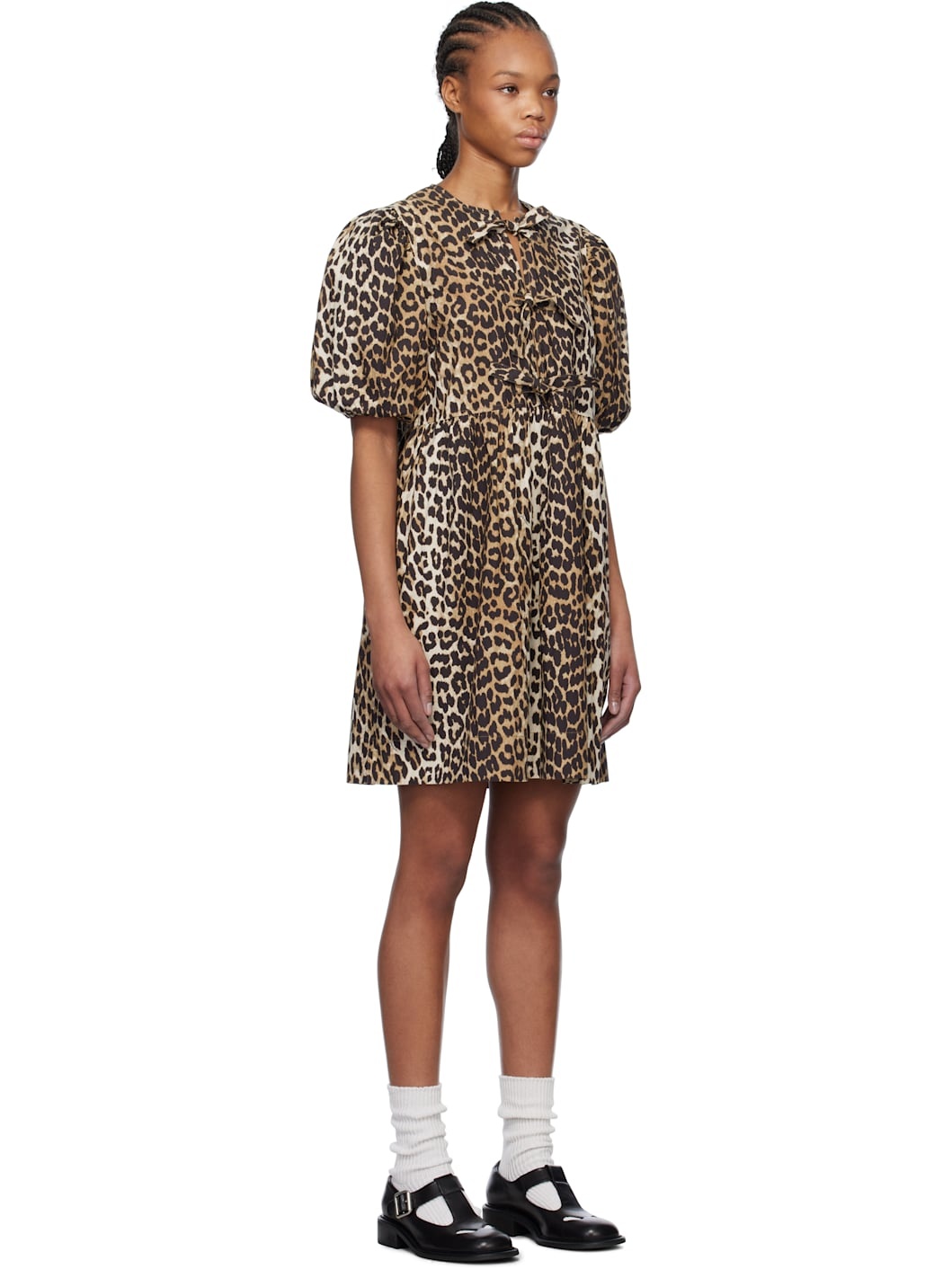 Brown Leopard Printed Cotton Tie String Minidress - 2