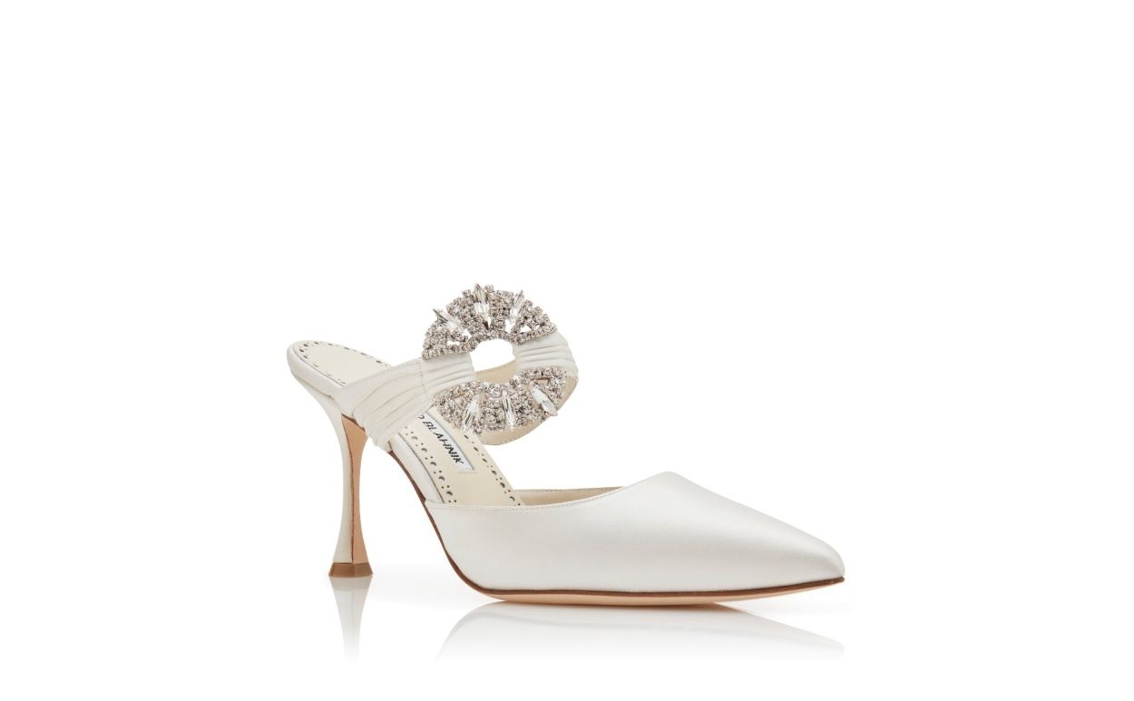 Cream Satin Embellished Buckle Mules - 3