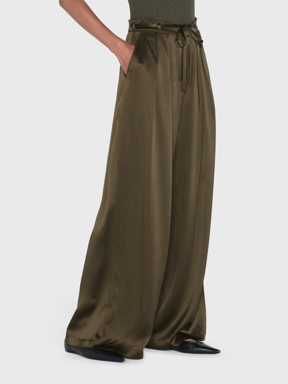 Long Silk Trouser in Rich Military - 5