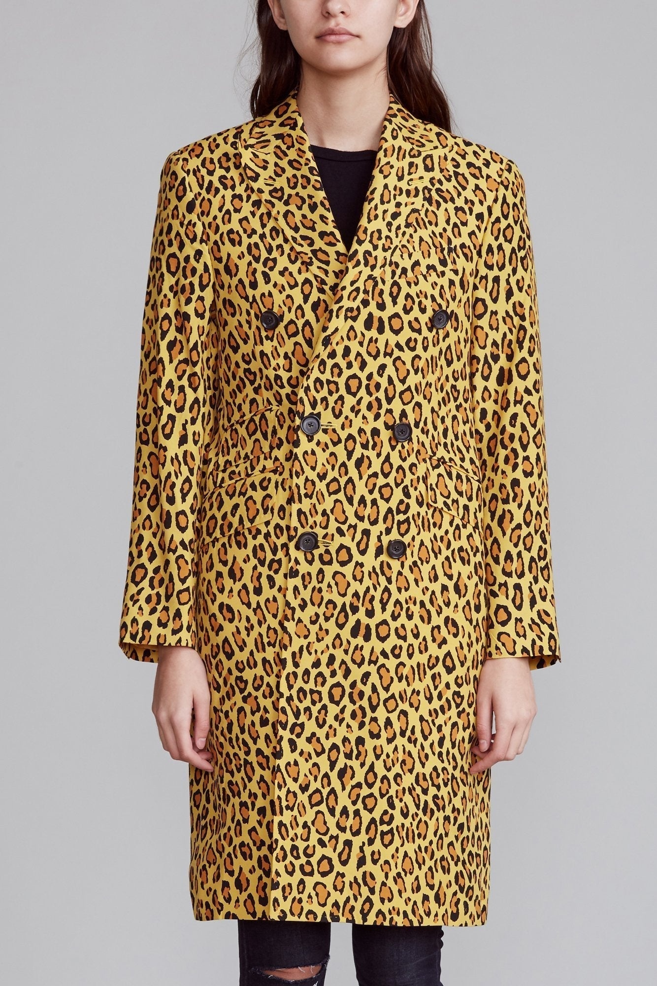Peak Lapel Double Breasted Coat - Yellow Leopard | R13 - 1